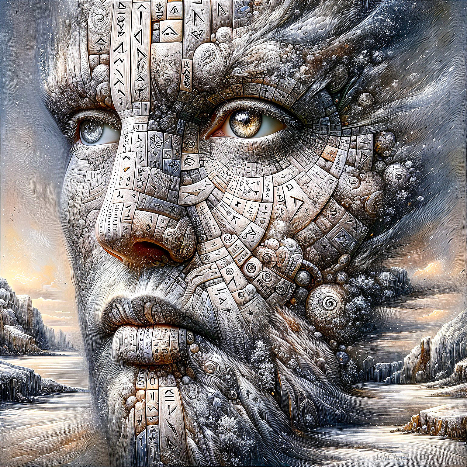Surreal Face Merging Texts and Ethereal Landscape