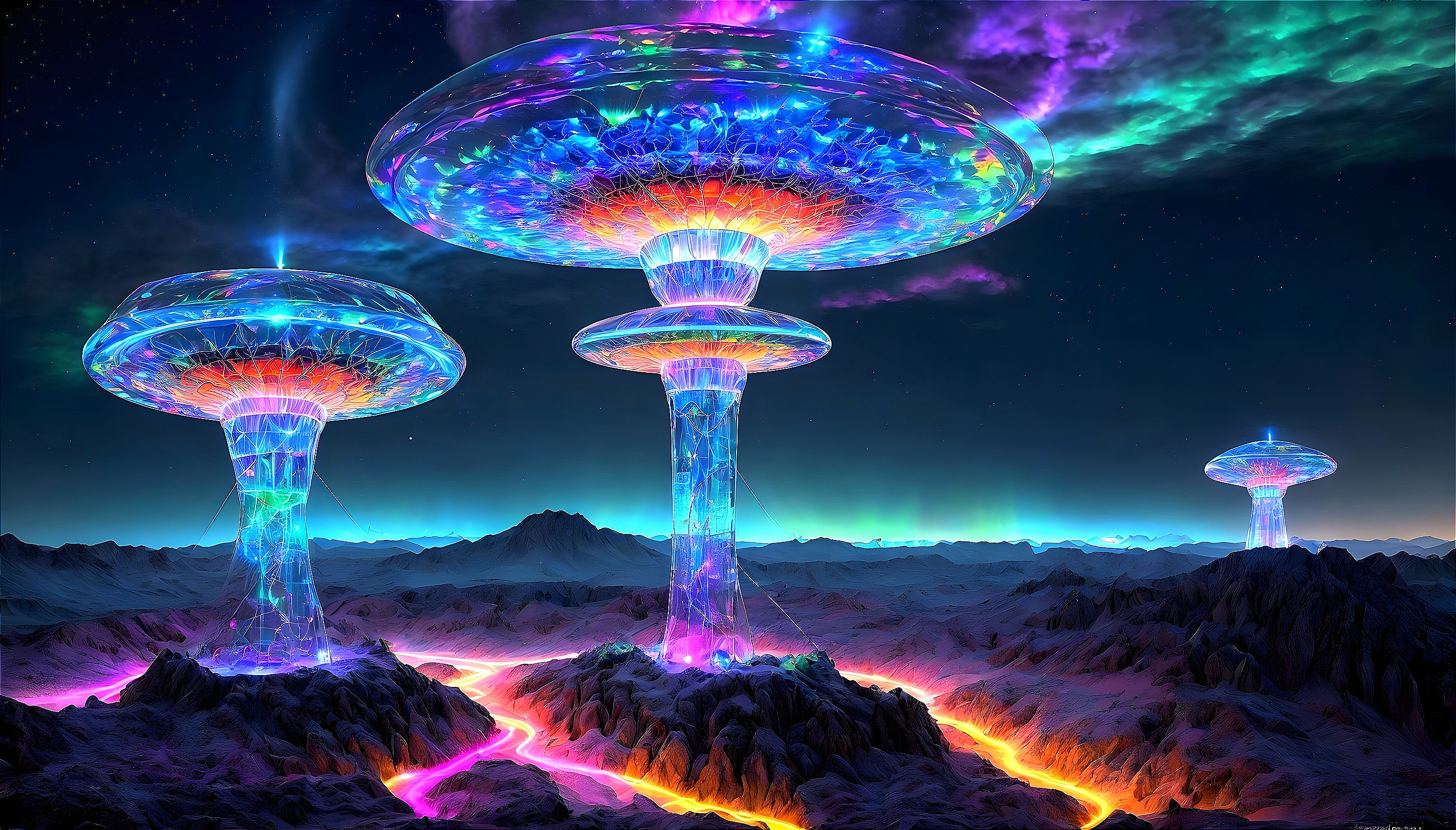 Digital Art: Luminescent Jellyfish-like Structures in Alien Landscape