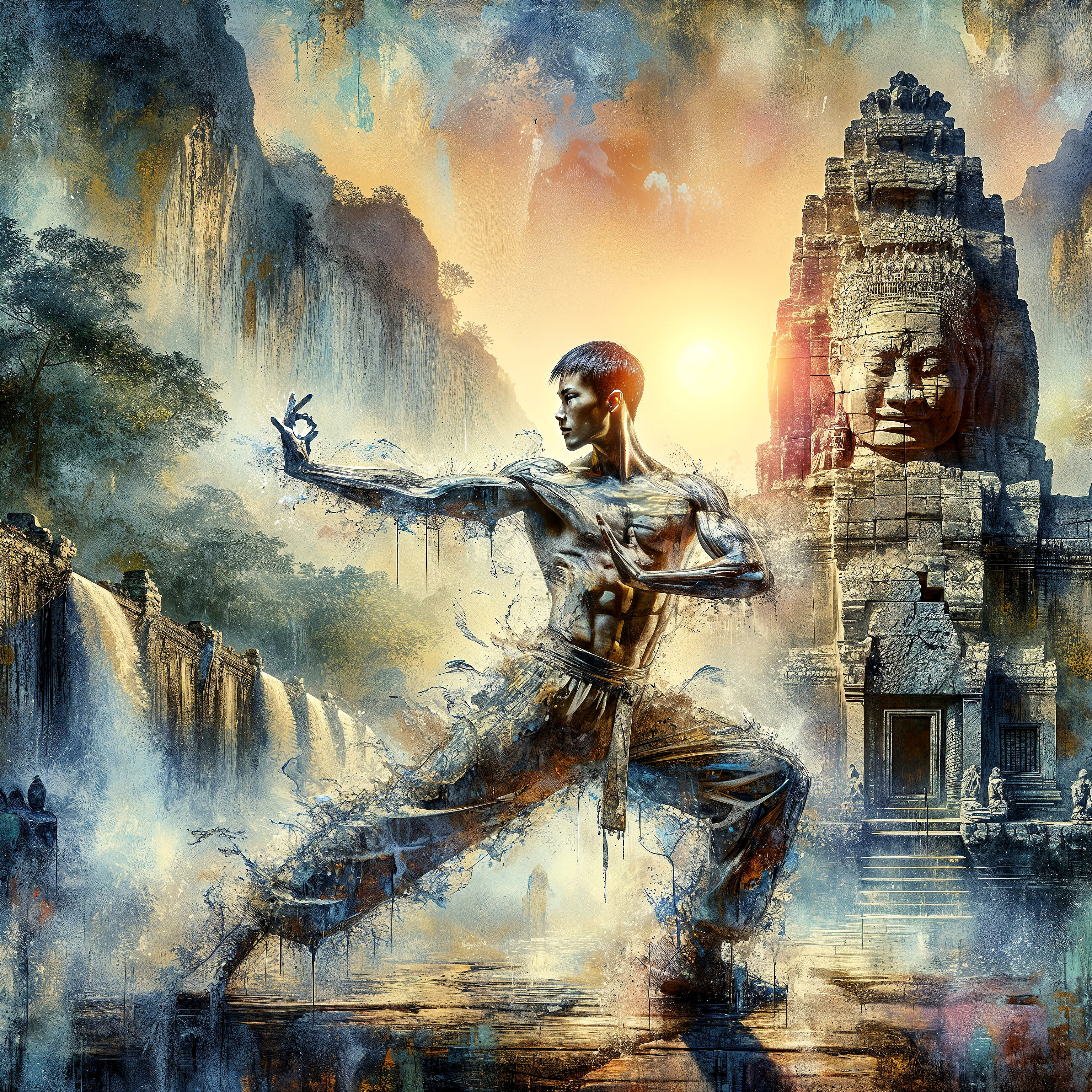 Martial Artist in Surreal Landscape with Waterfalls