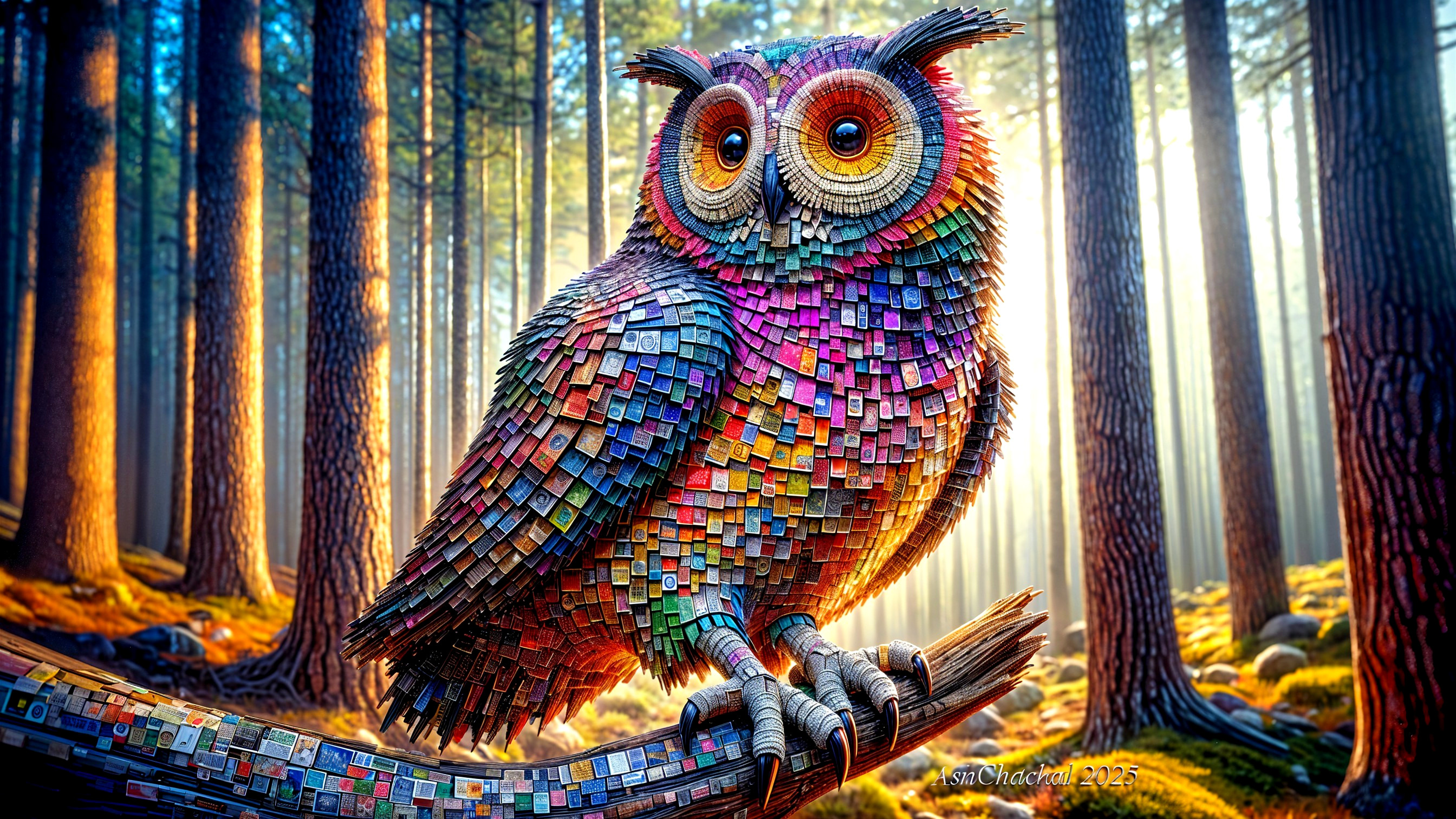 Whimsical Owl on Branch in Serene Forest Setting