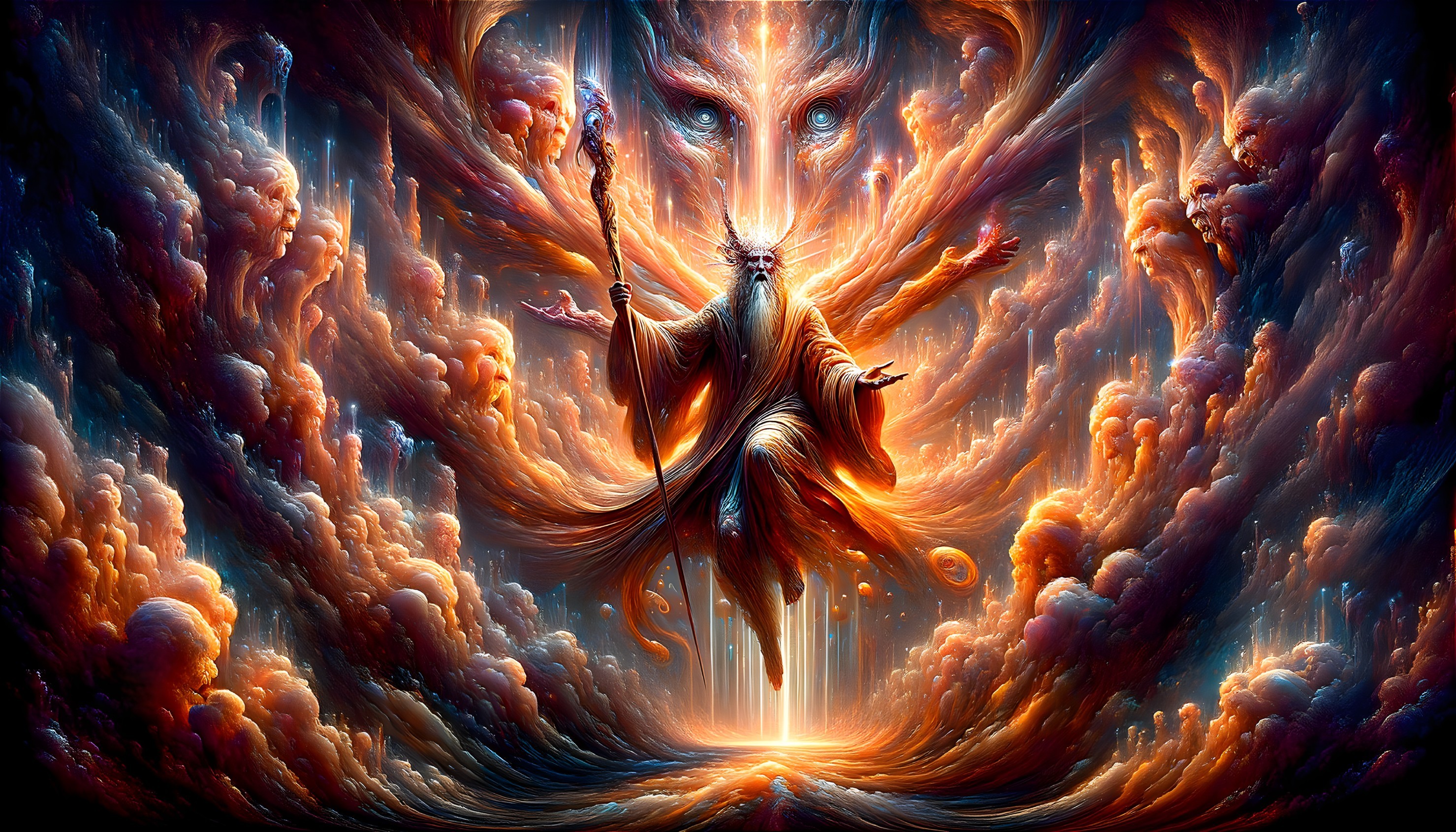 Mystical being with multiple faces in cosmic clouds radiates light and energy