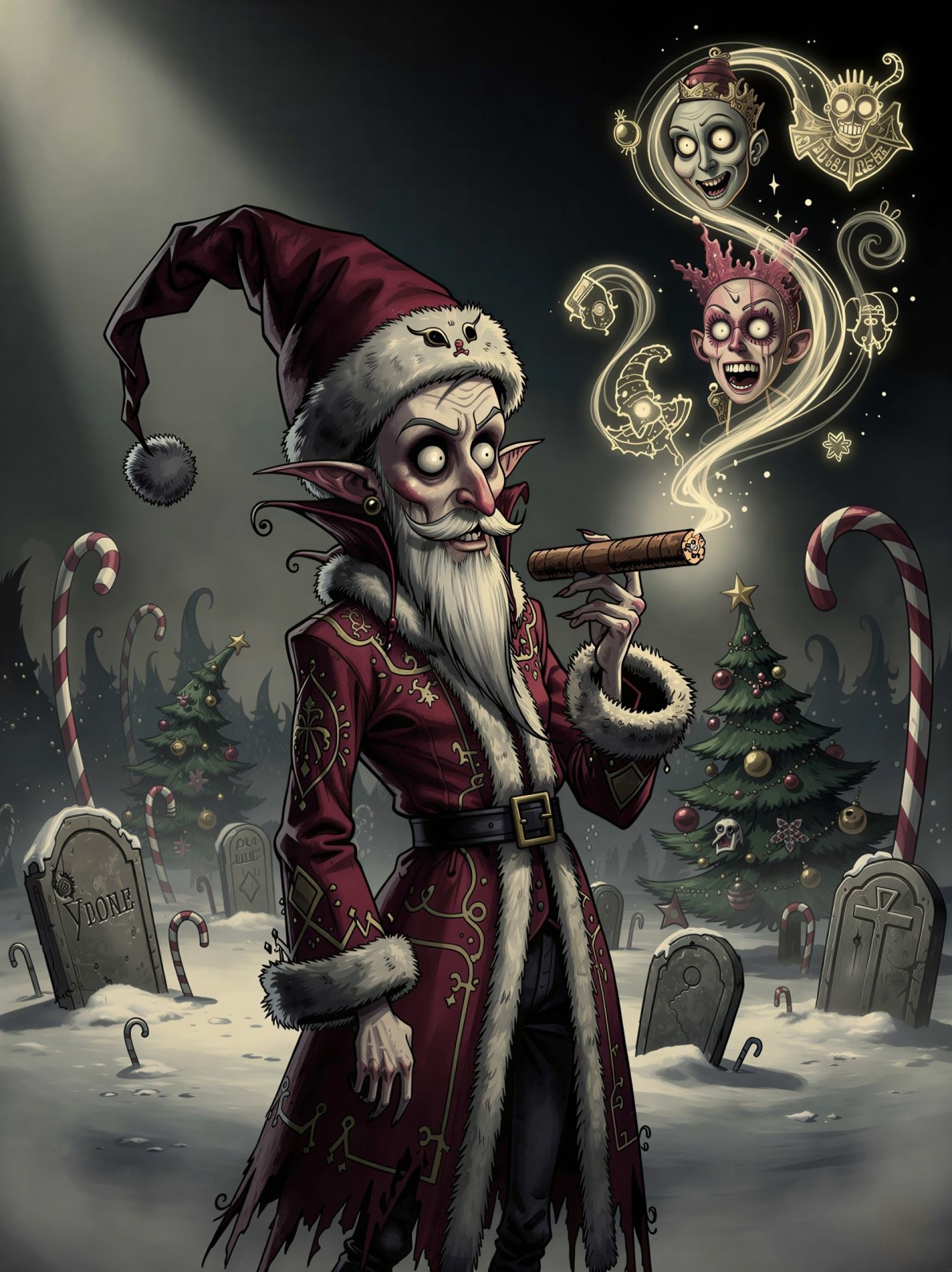 Gothic Illustration of Undead Santa Claus in Cemetery