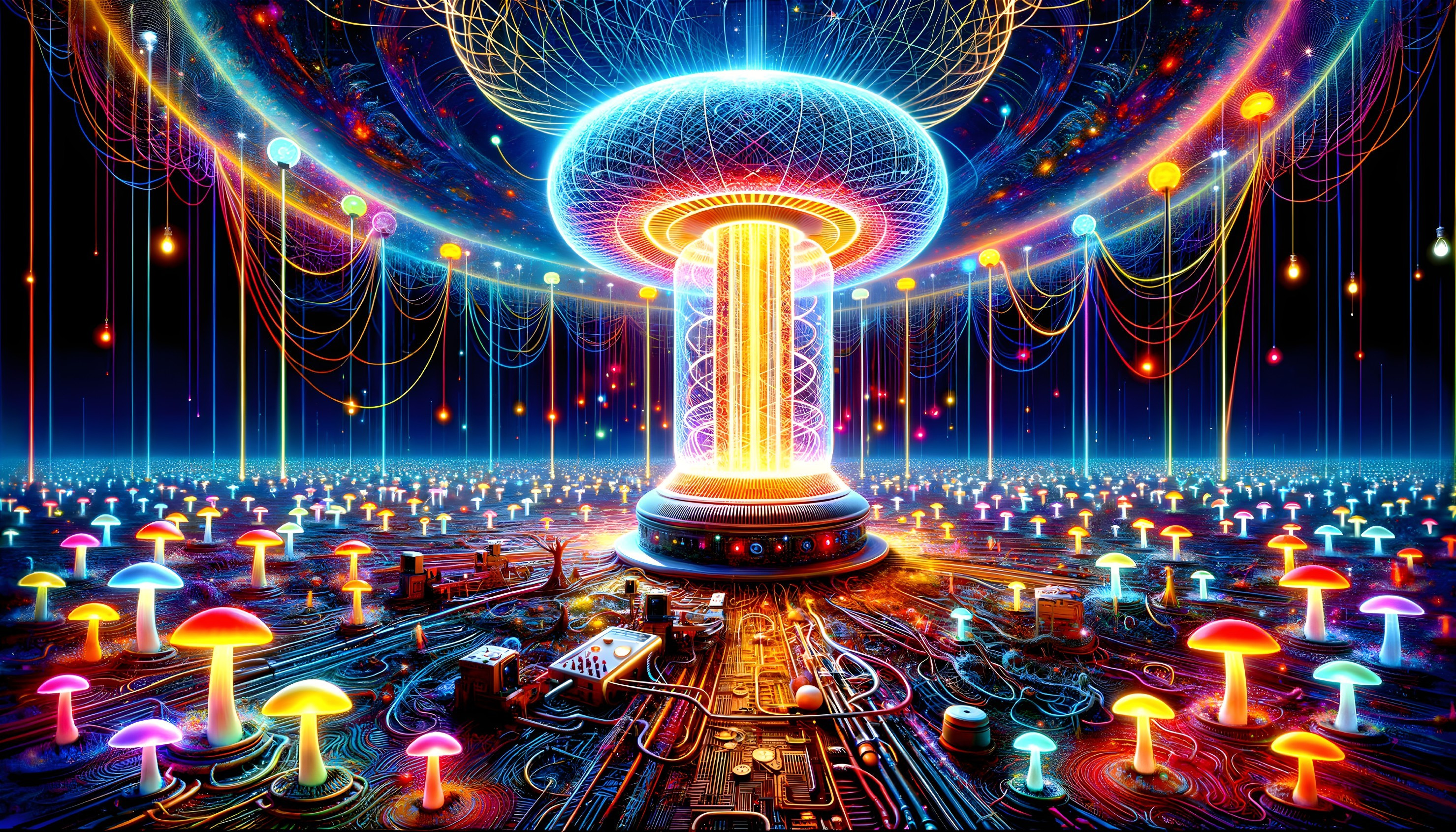 Futuristic digital artwork: Glowing tower, neon mushrooms, circuits, cables