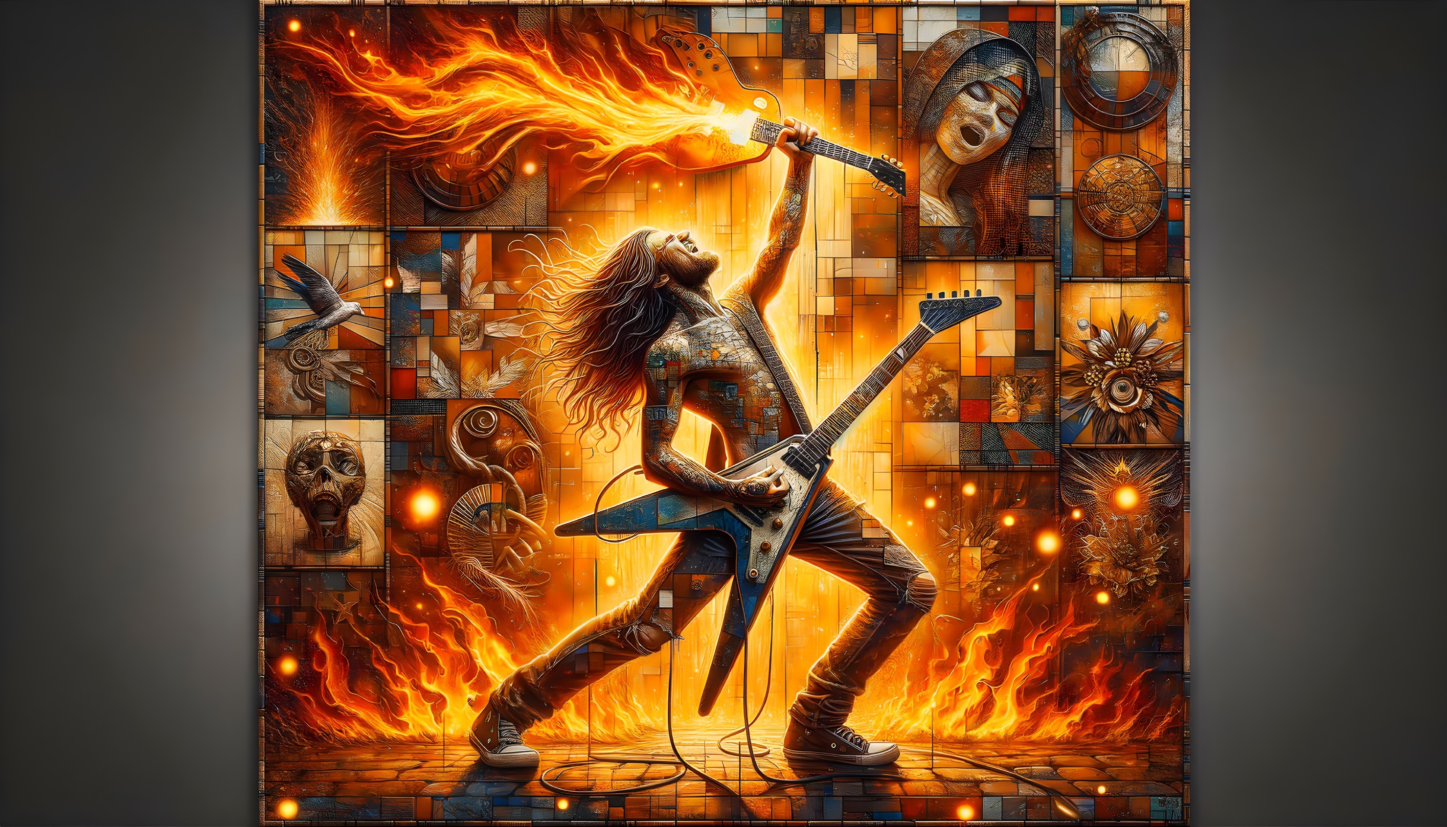 Person with long hair playing electric guitar among flames
