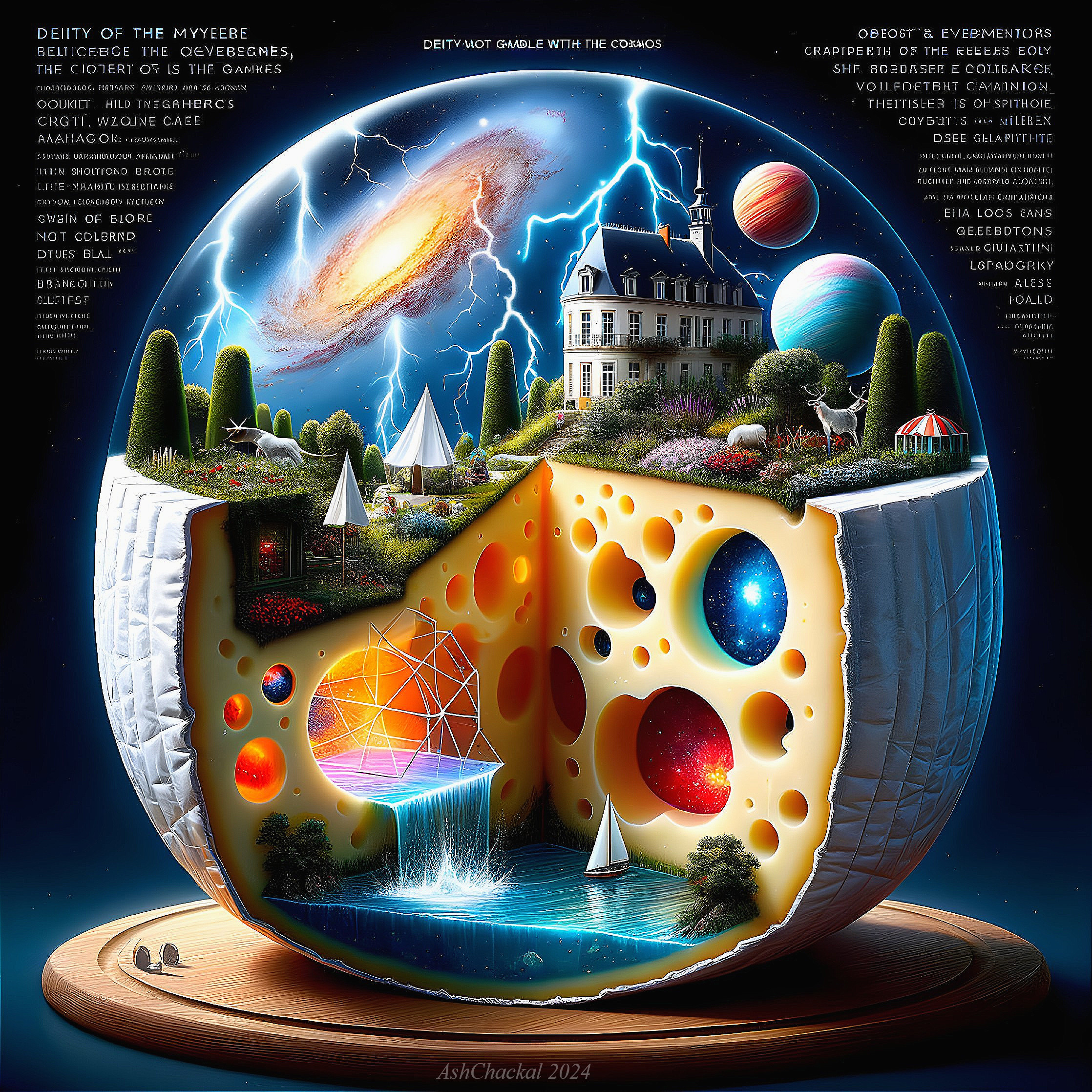 Whimsical Cheese Wheel Scene with Cosmic Landscape