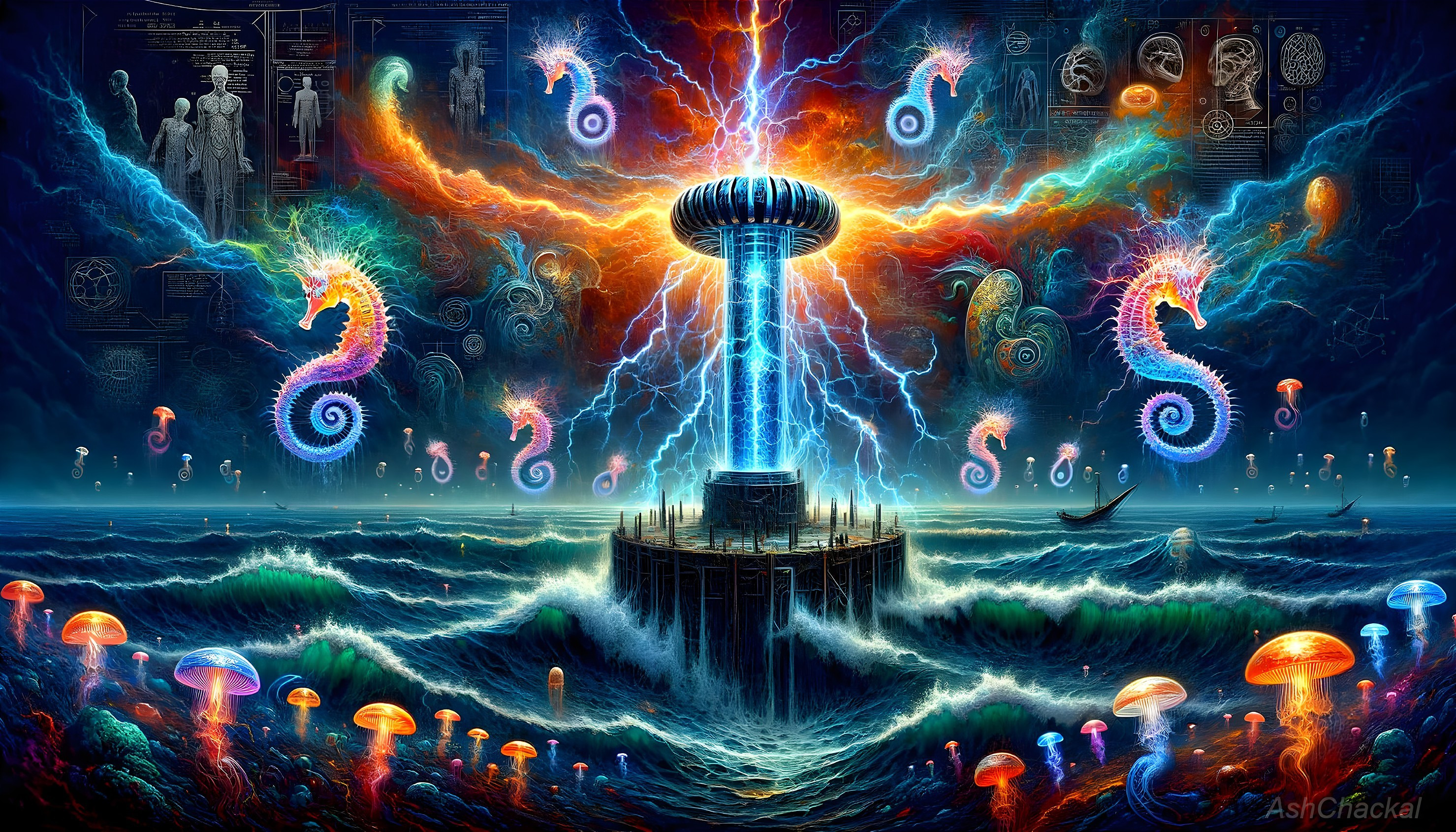 Fantastical digital artwork: Tesla coil structure, ocean waves, mystical creatures.
