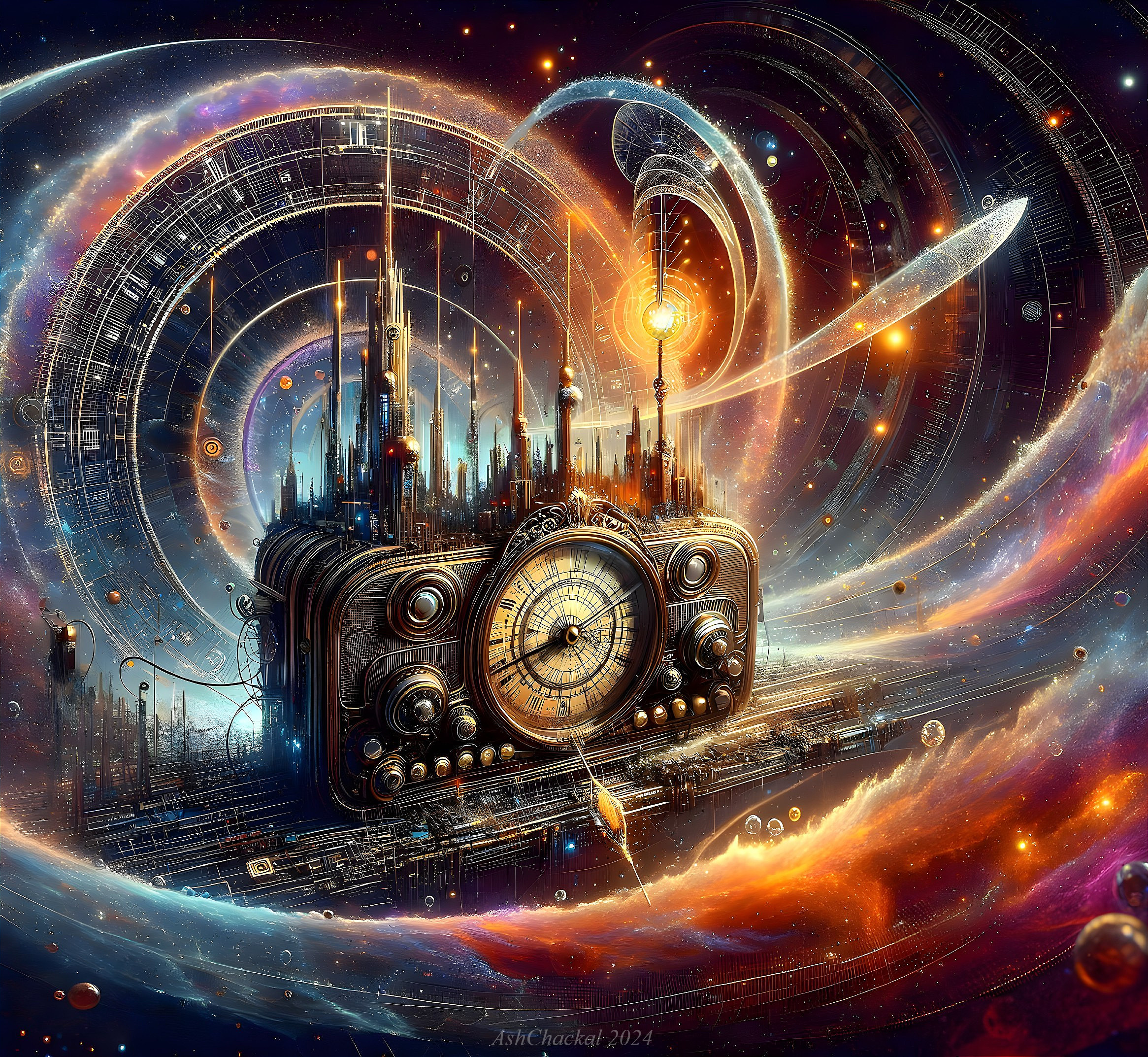 Surreal Cosmic Landscape with Clock Tower and Nebula
