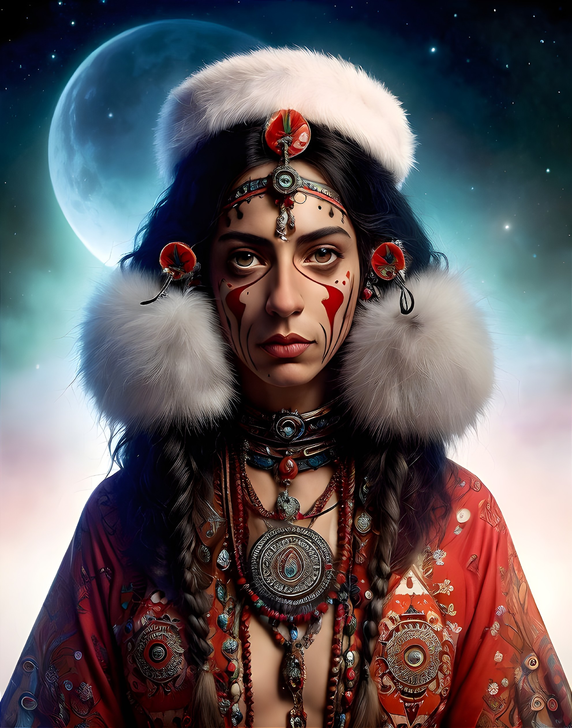 Digital portrait of woman in tribal attire with intricate face paint under moonlit sky
