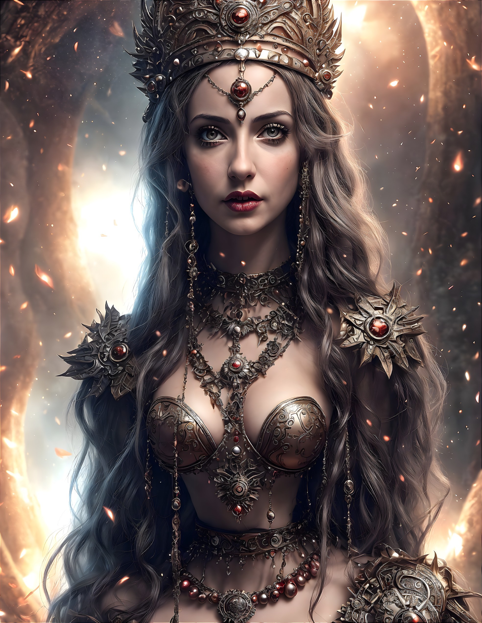 Regal woman in ornate crown and armor against glowing backdrop