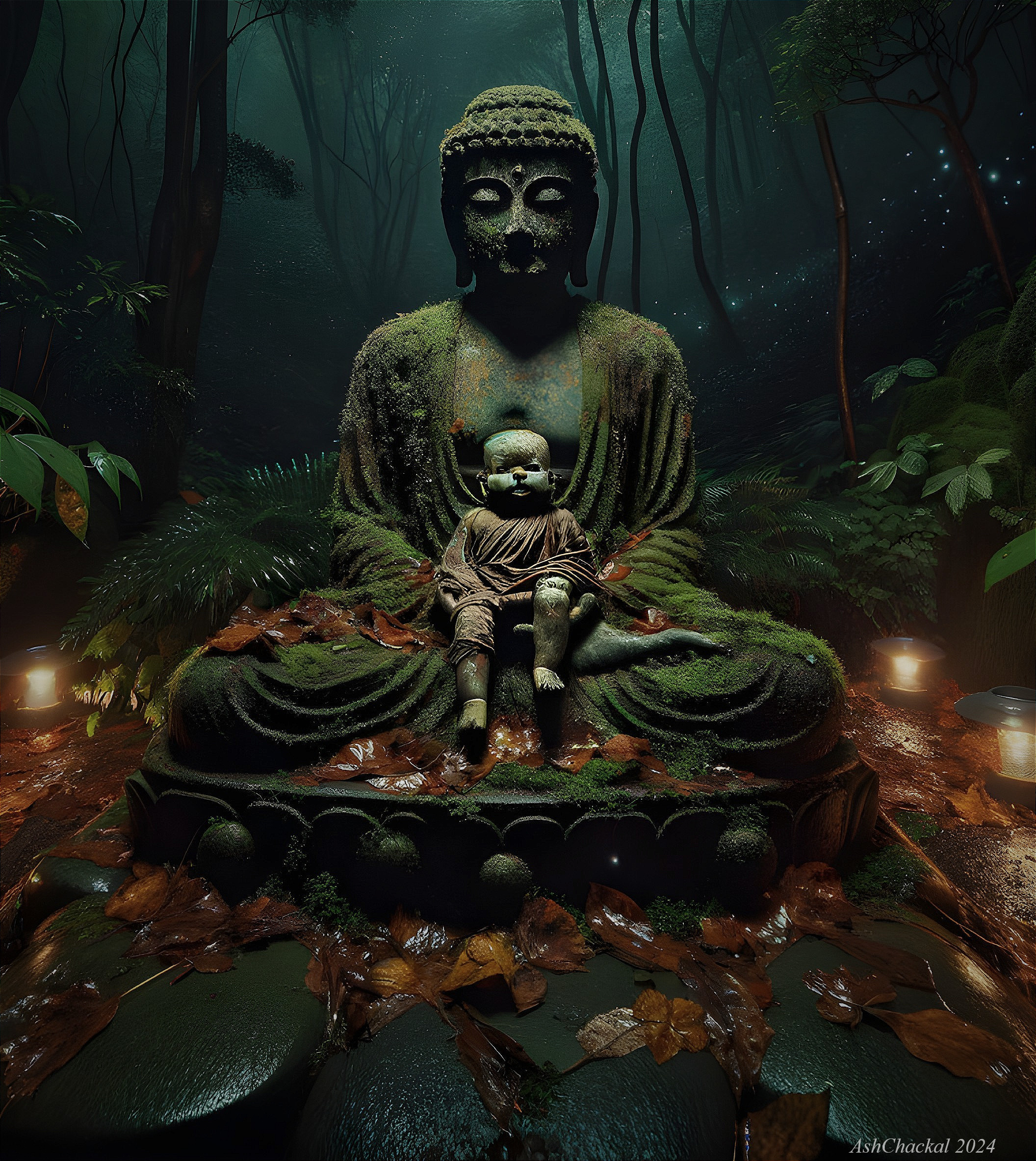 Buddha Statue Surrounded by Lush Forest Serenity