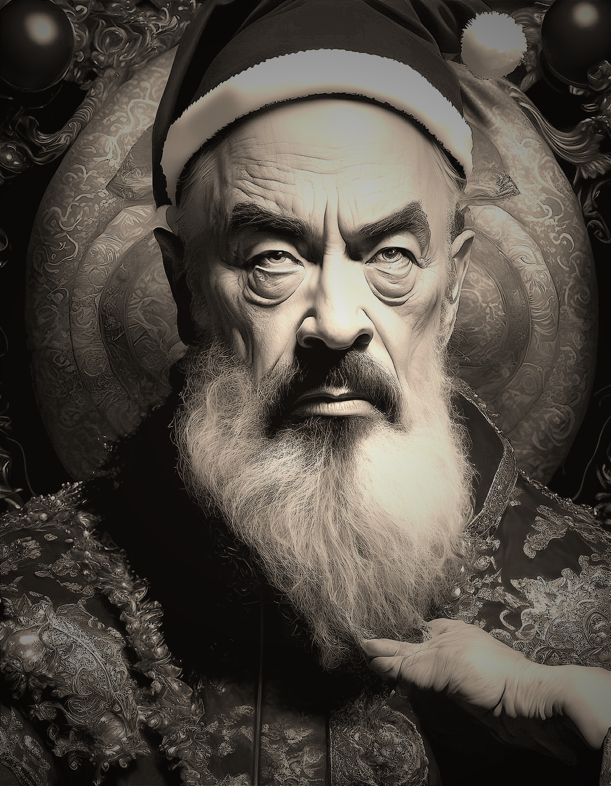 Monochrome portrait of stern man in Santa hat and ornate clothing