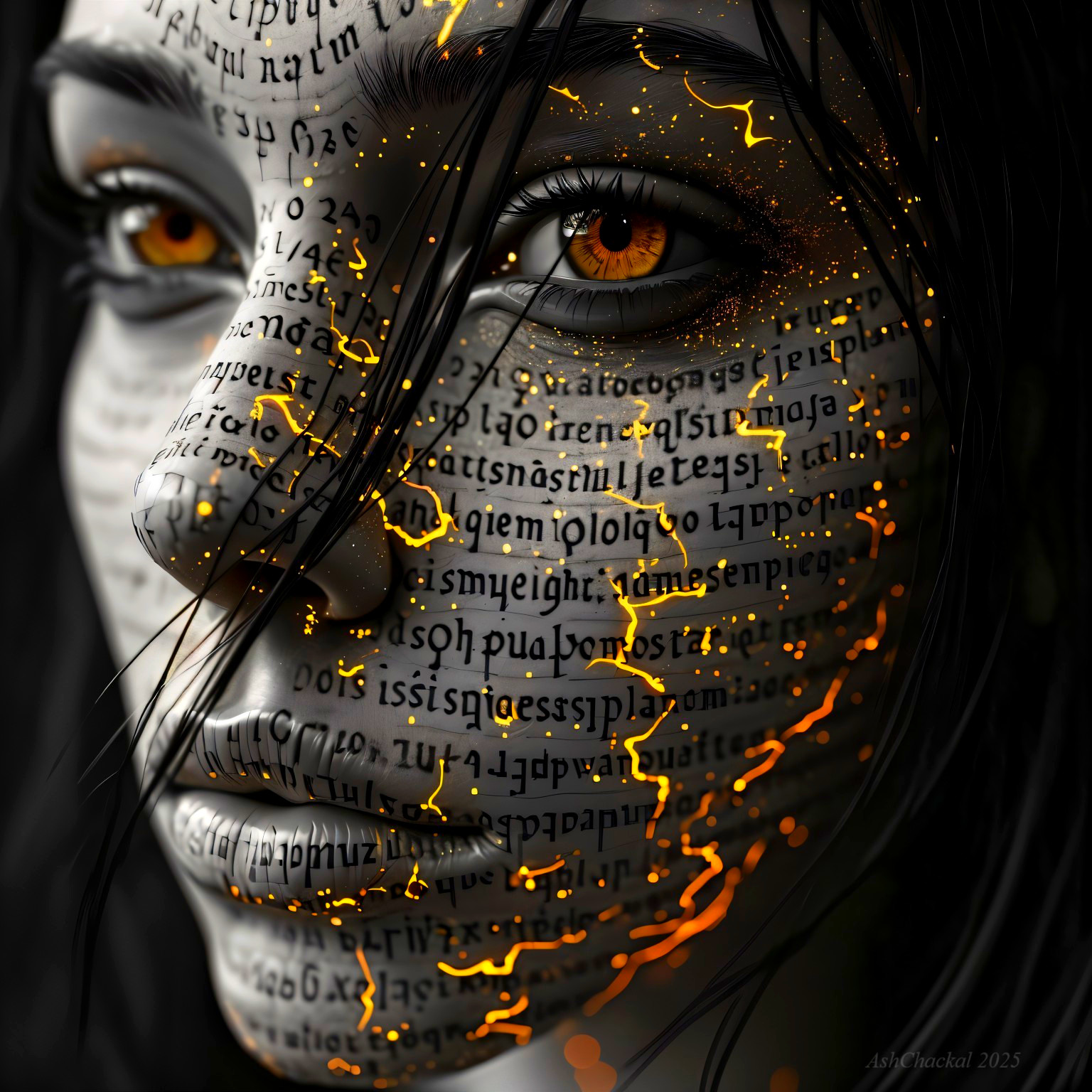 Close-up of a face with textured patterns and glowing eyes