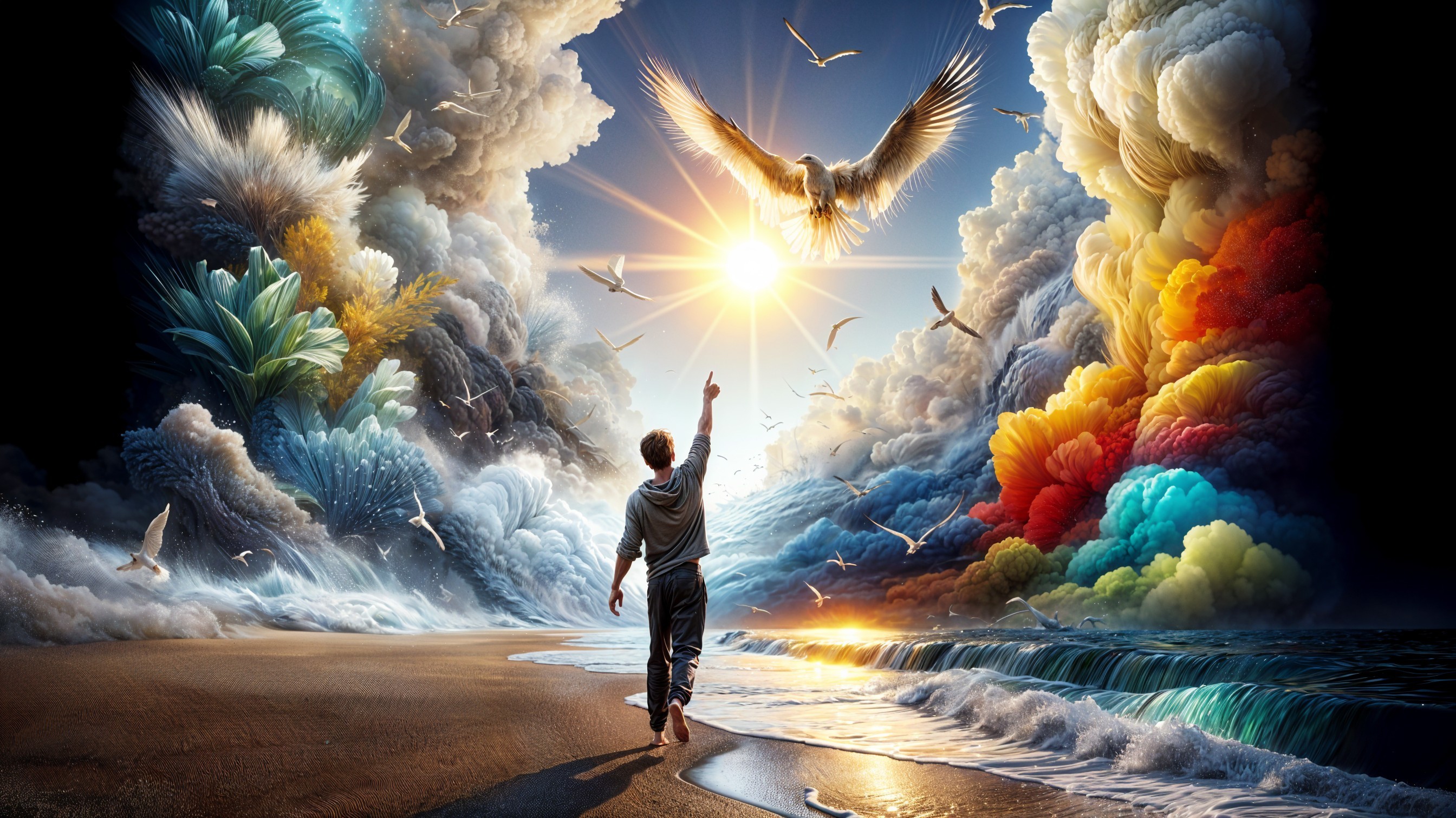 Surreal Beach Scene with Sun, Clouds, and Eagles