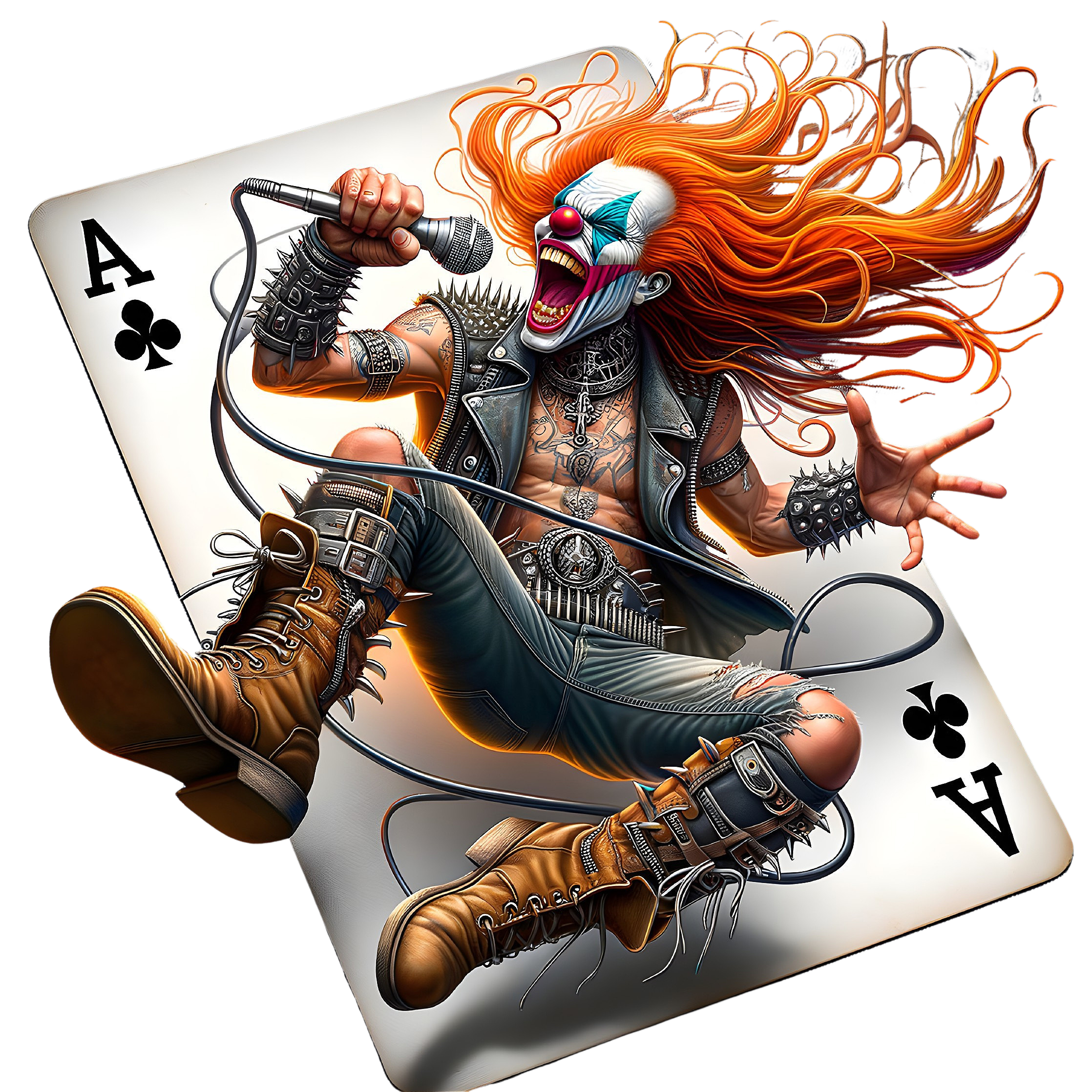 Vibrant rocker with fiery orange hair on ace of clubs card