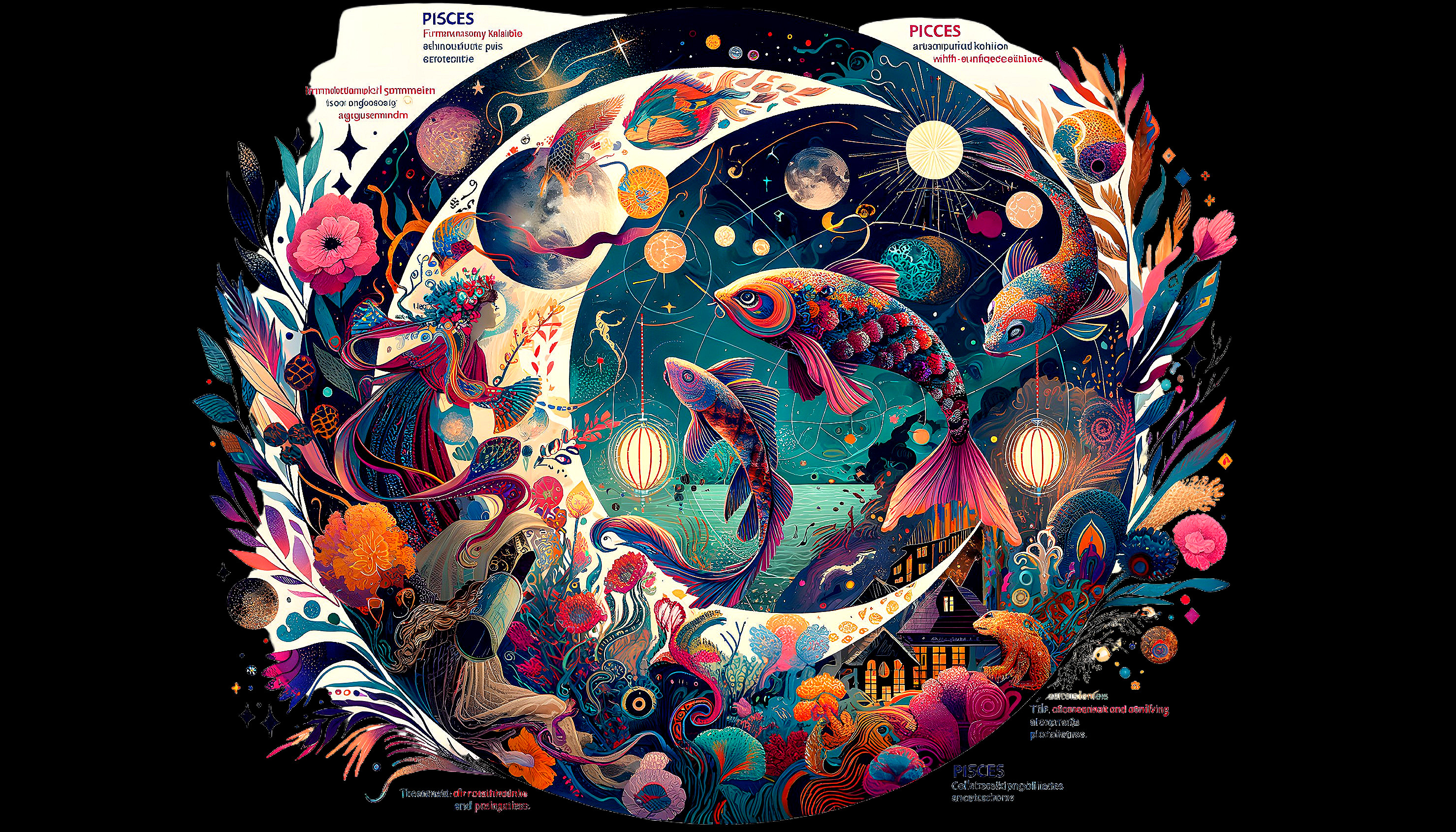 Vibrant Pisces Illustration with Celestial Elements