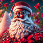 Santa Claus illustration with snowy beard, red roses, and snowflakes