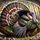 Detailed Turkey on Ornate Egg in Serene Forest Scene