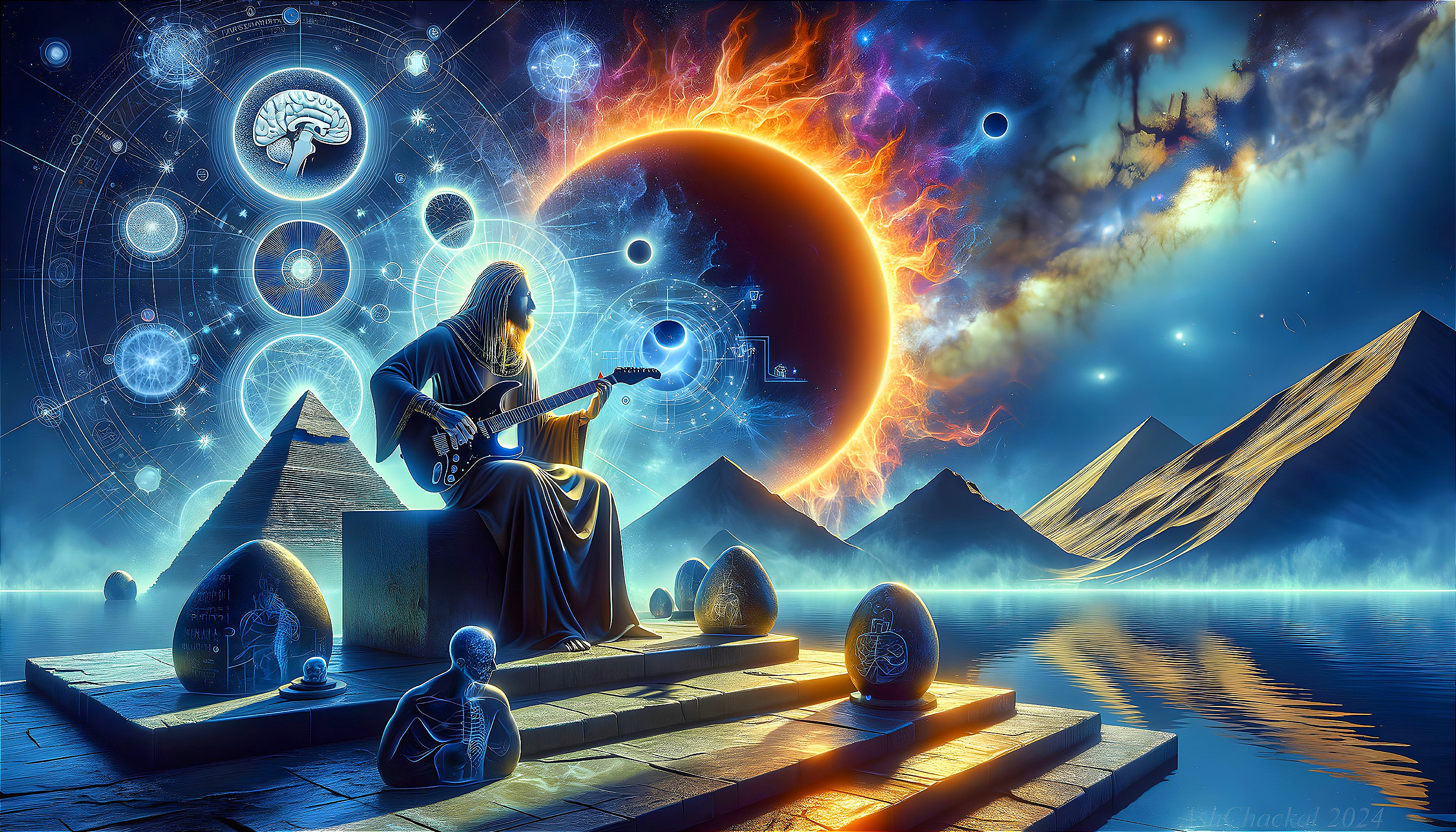 Surreal Cosmic Scene with Guitarist and Pyramids