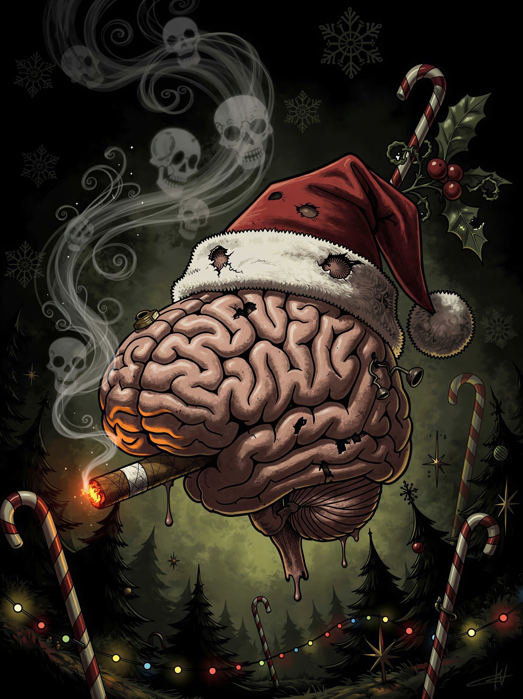 Brain in Tattered Santa Hat with Smoky Background