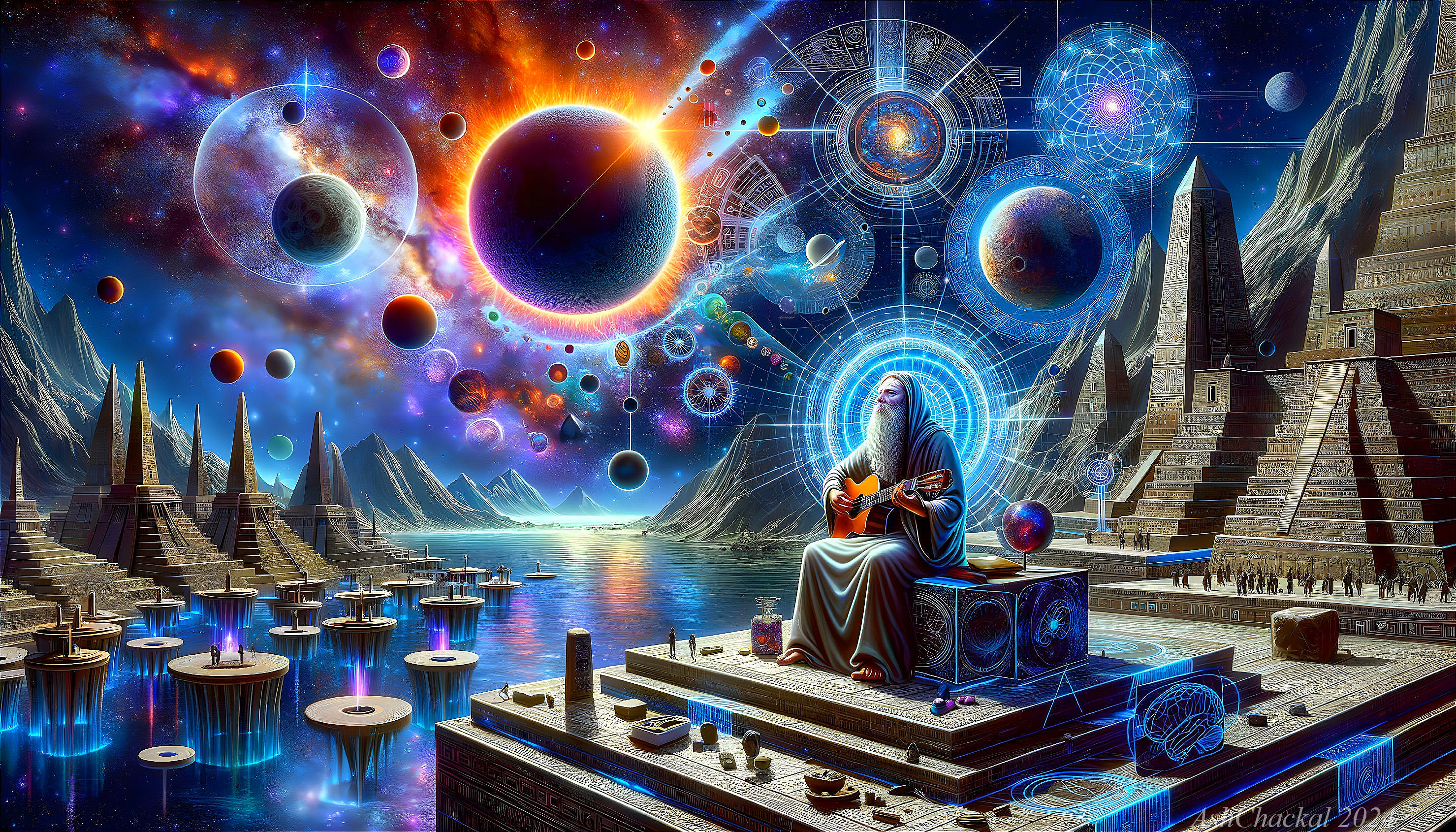 Serene Figure Playing Guitar in Cosmic Landscape