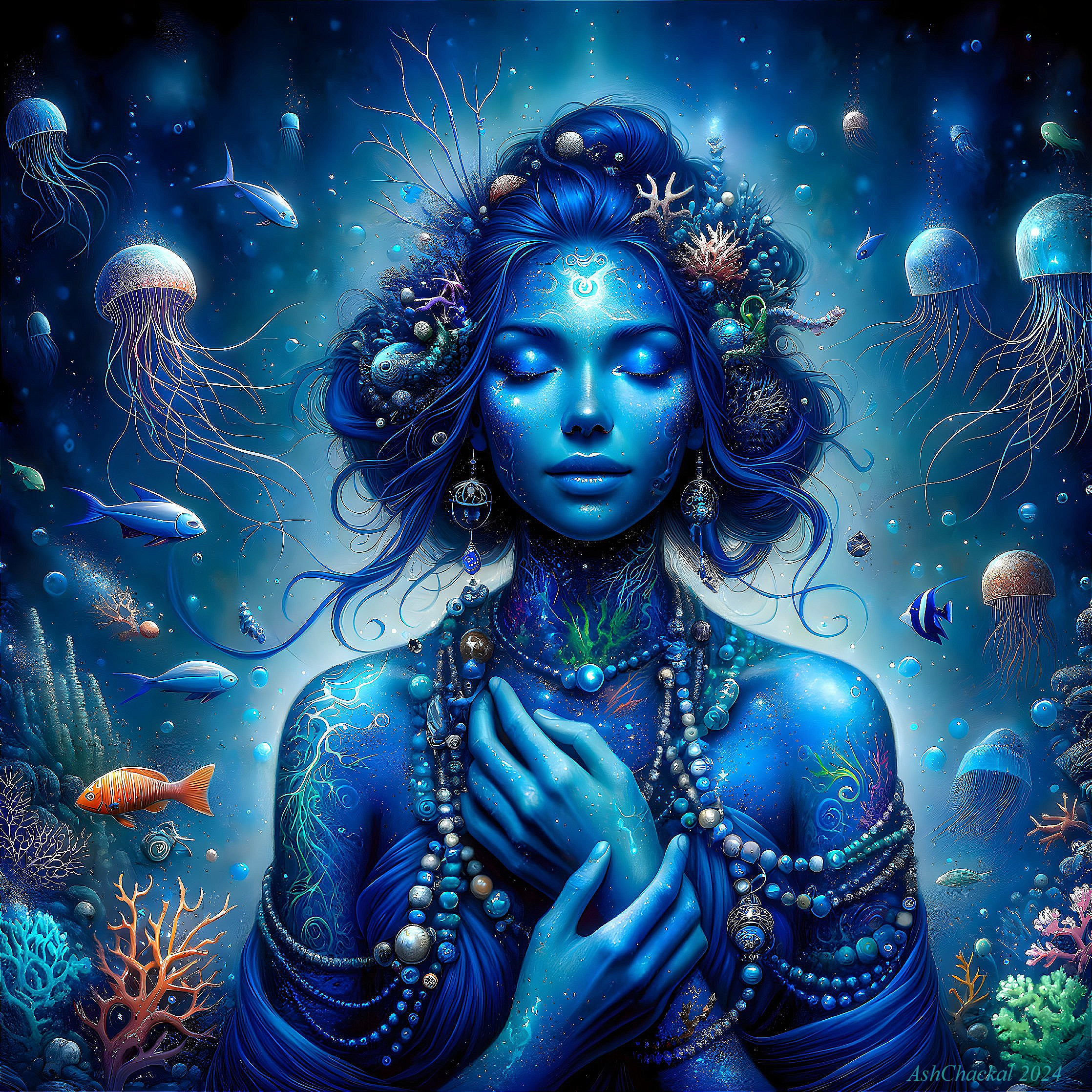 Ethereal Figure Surrounded by Vibrant Sea Life