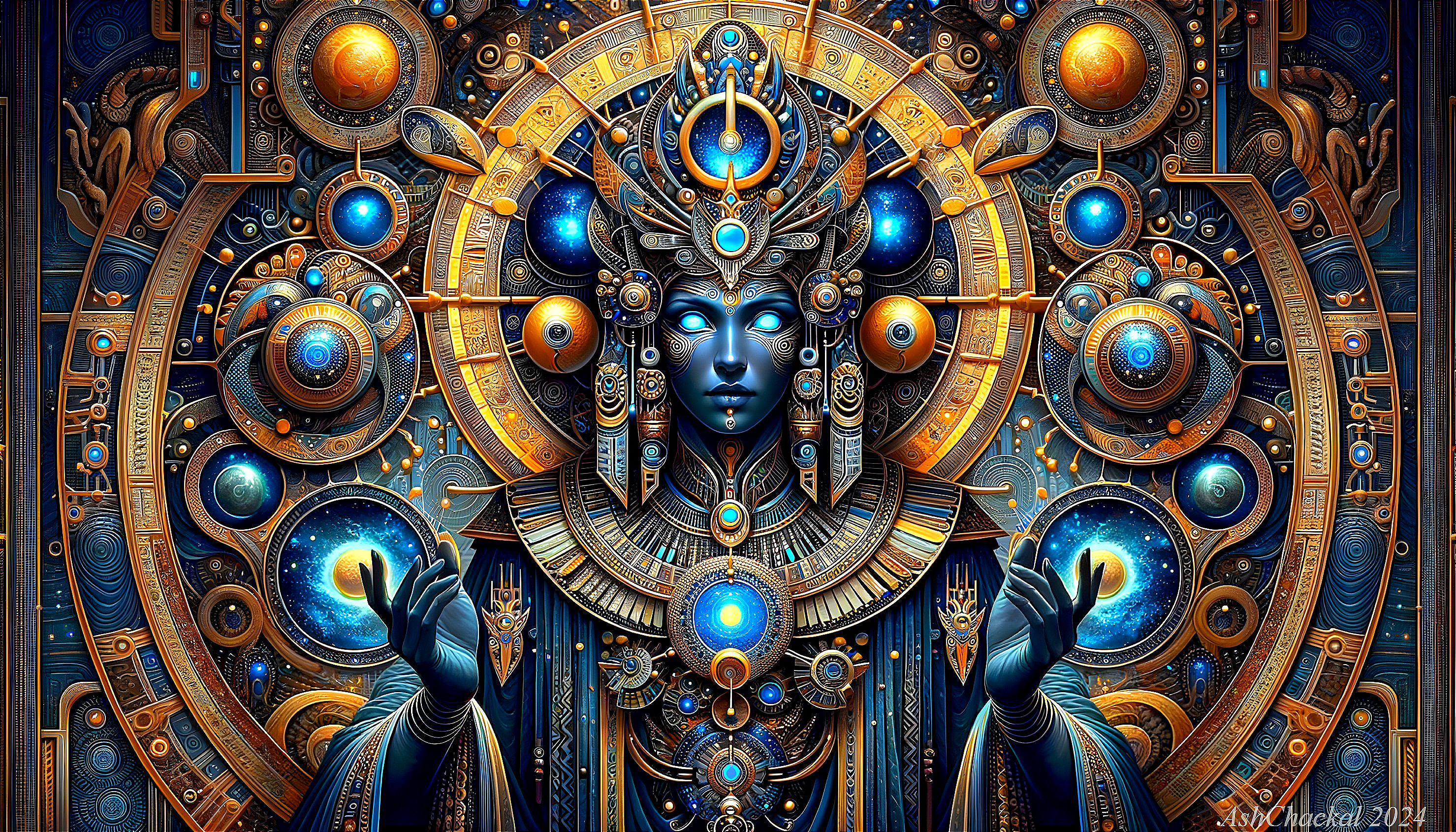 Majestic figure in gold and blue regalia with orbs