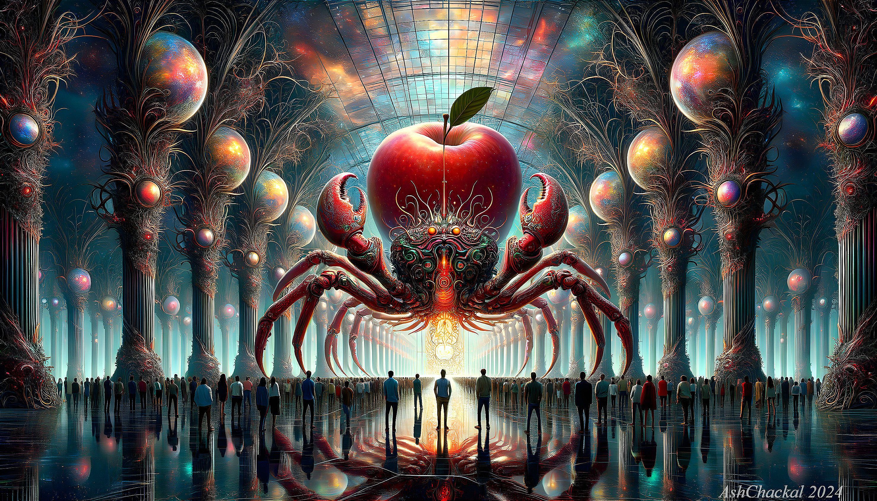 Surreal Scene with Colossal Crab Creature and Apple