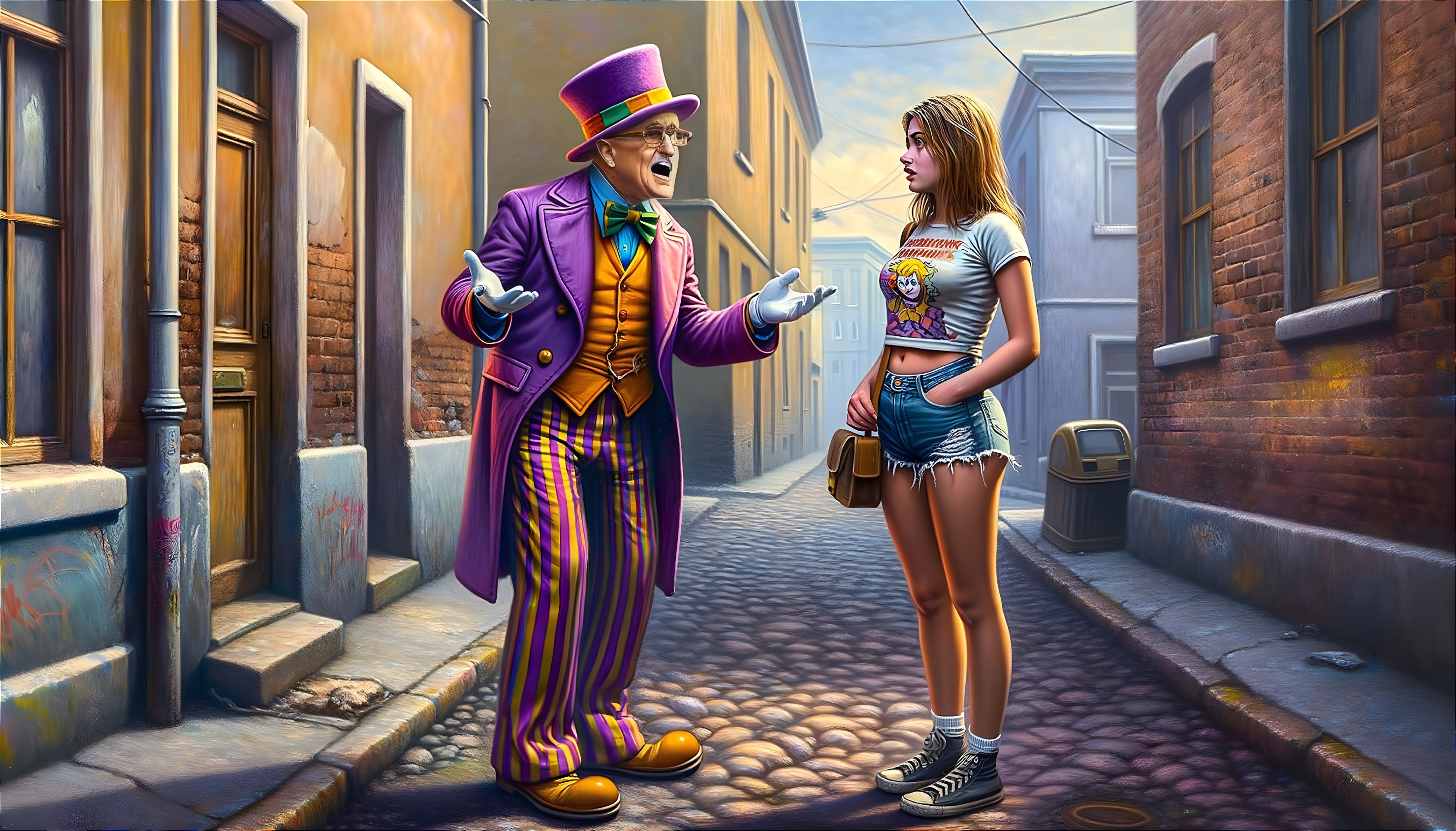 Colorful Character in Purple Hat Talks on Cobblestone Street