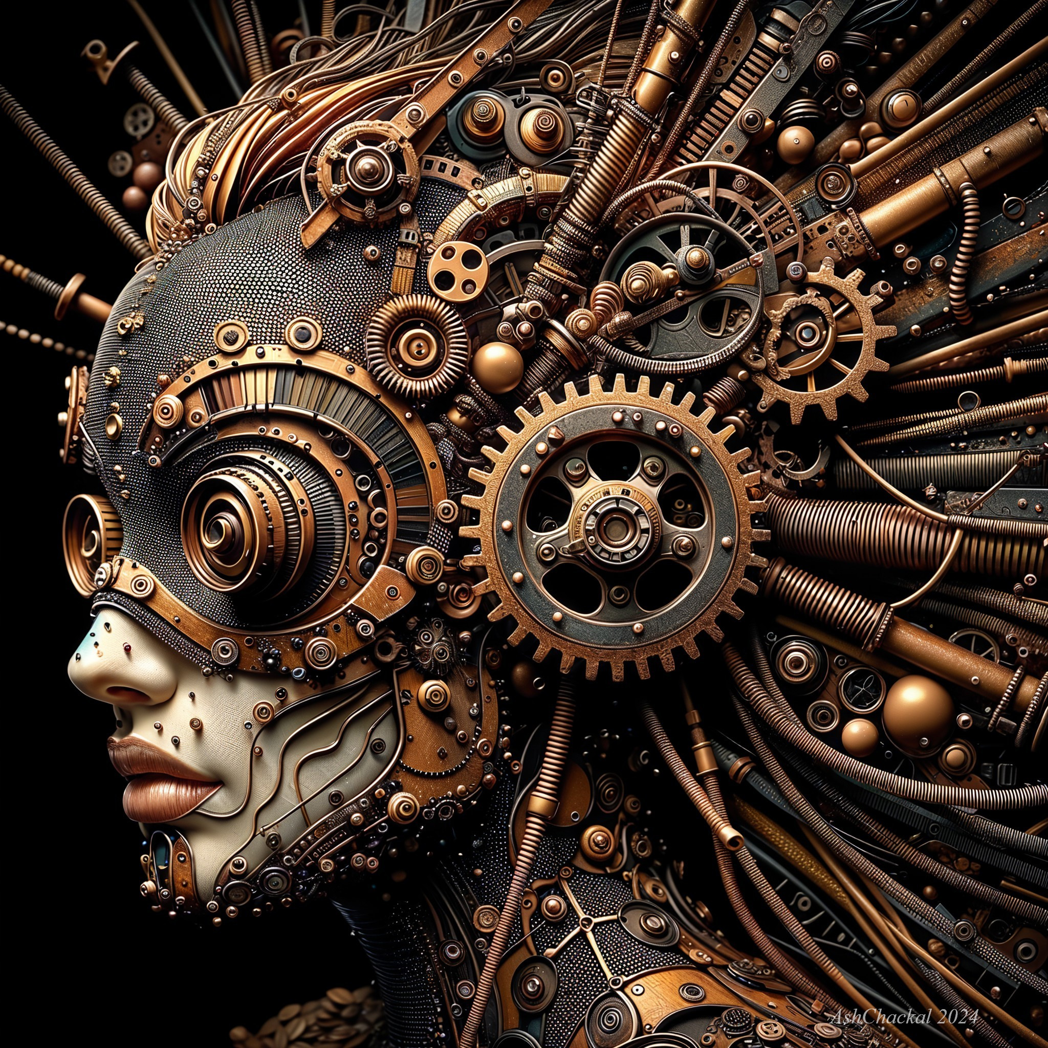 Steampunk-Inspired Robotic Head with Metallic Features