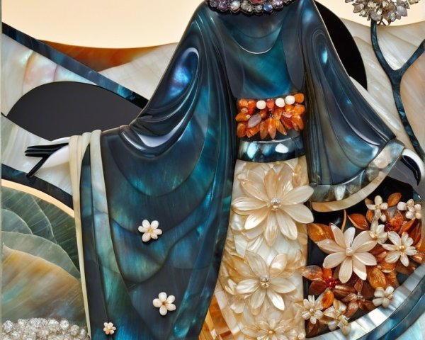 Elegant kimono with mother-of-pearl and floral design