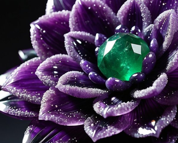 Iridescent Purple Flower with Emerald Center Gemstone