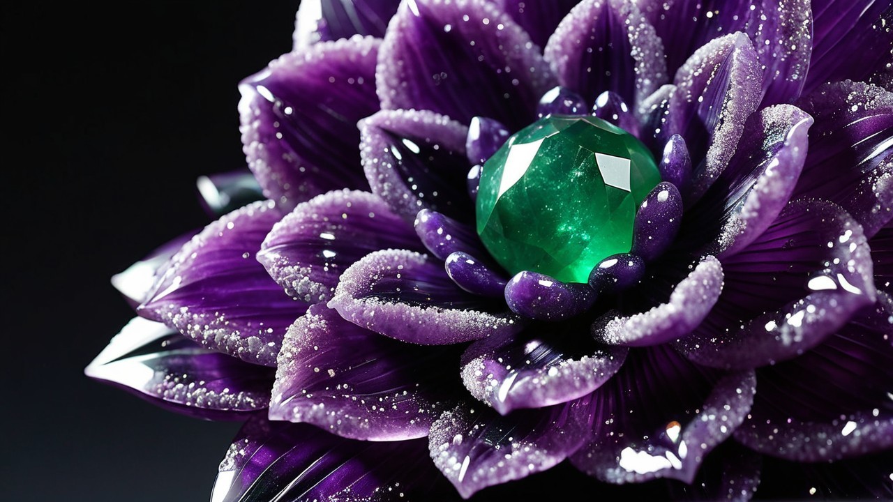 Iridescent Purple Flower with Emerald Center Gemstone