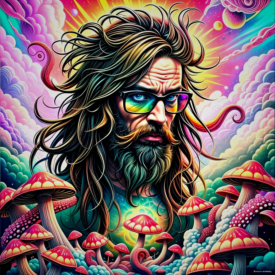 Surreal Portrait of a Man with Cosmic Colors and Mushrooms