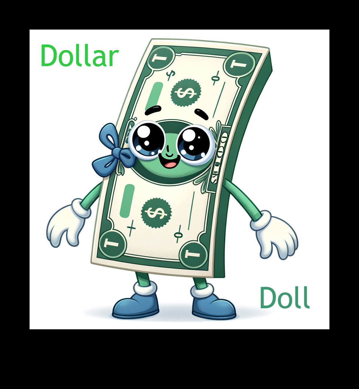 Cartoon Dollar Bill Character with Blue Bow and Eyes