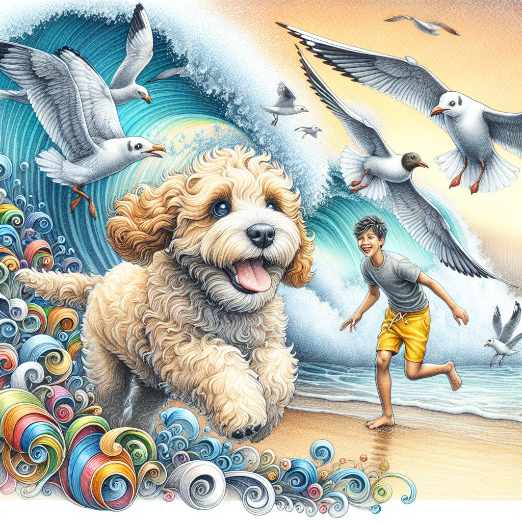 Golden puppy and boy playing on a colorful beach