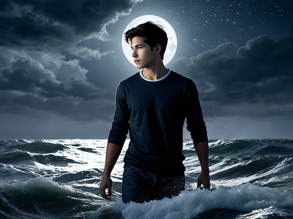 Young man in ocean under full moonlight and clouds