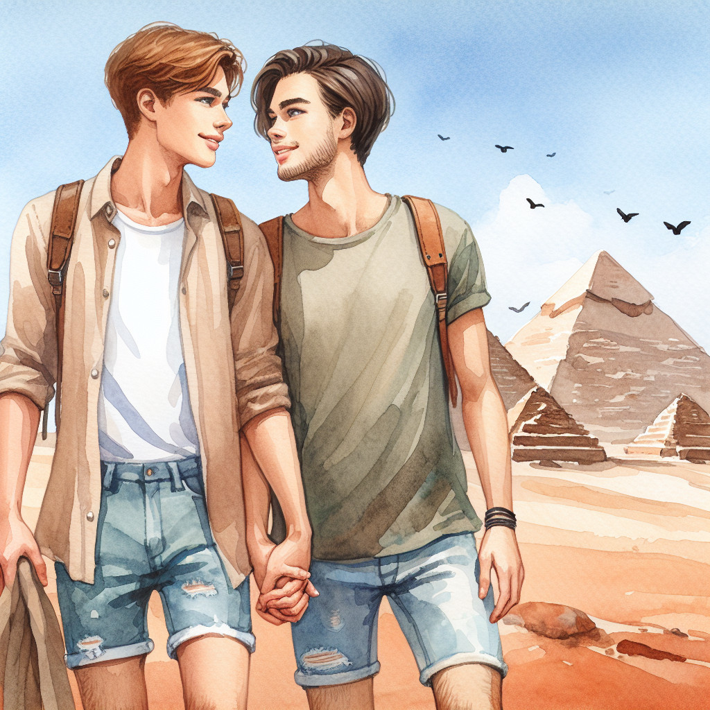 Young men walking in desert with pyramids backdrop