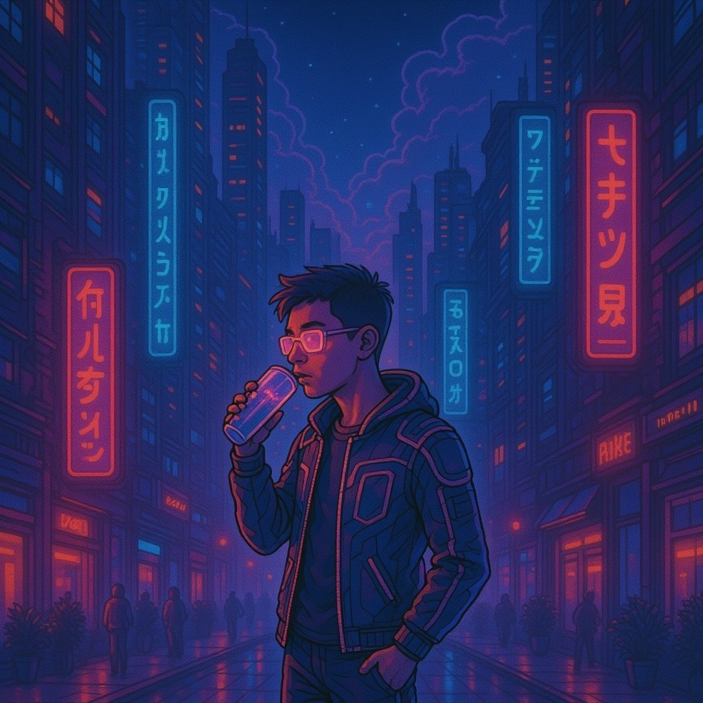 Young man in neon-lit cityscape at night