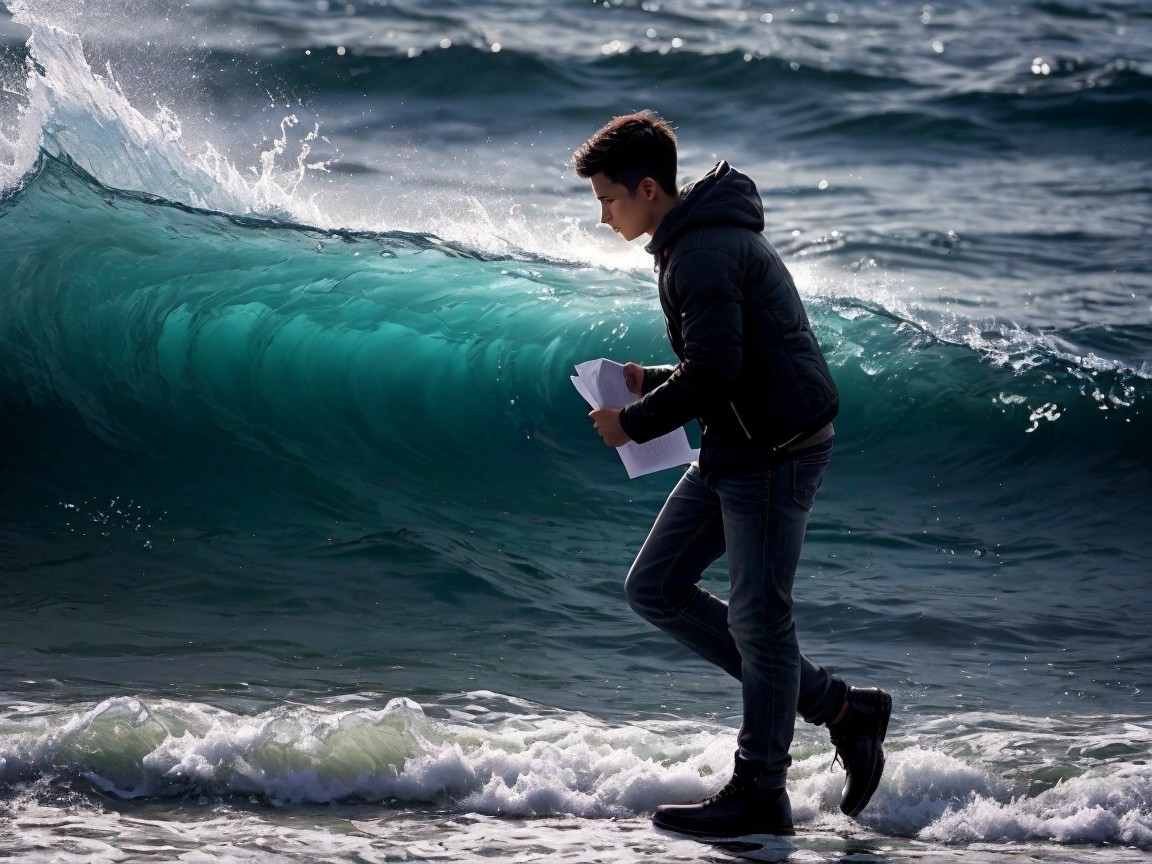 Young man on shoreline with vibrant wave backdrop
