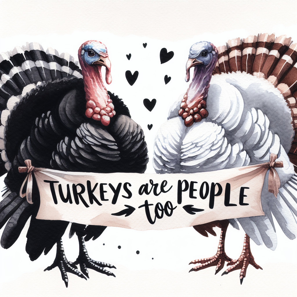 Illustration of Two Turkeys with Compassionate Message