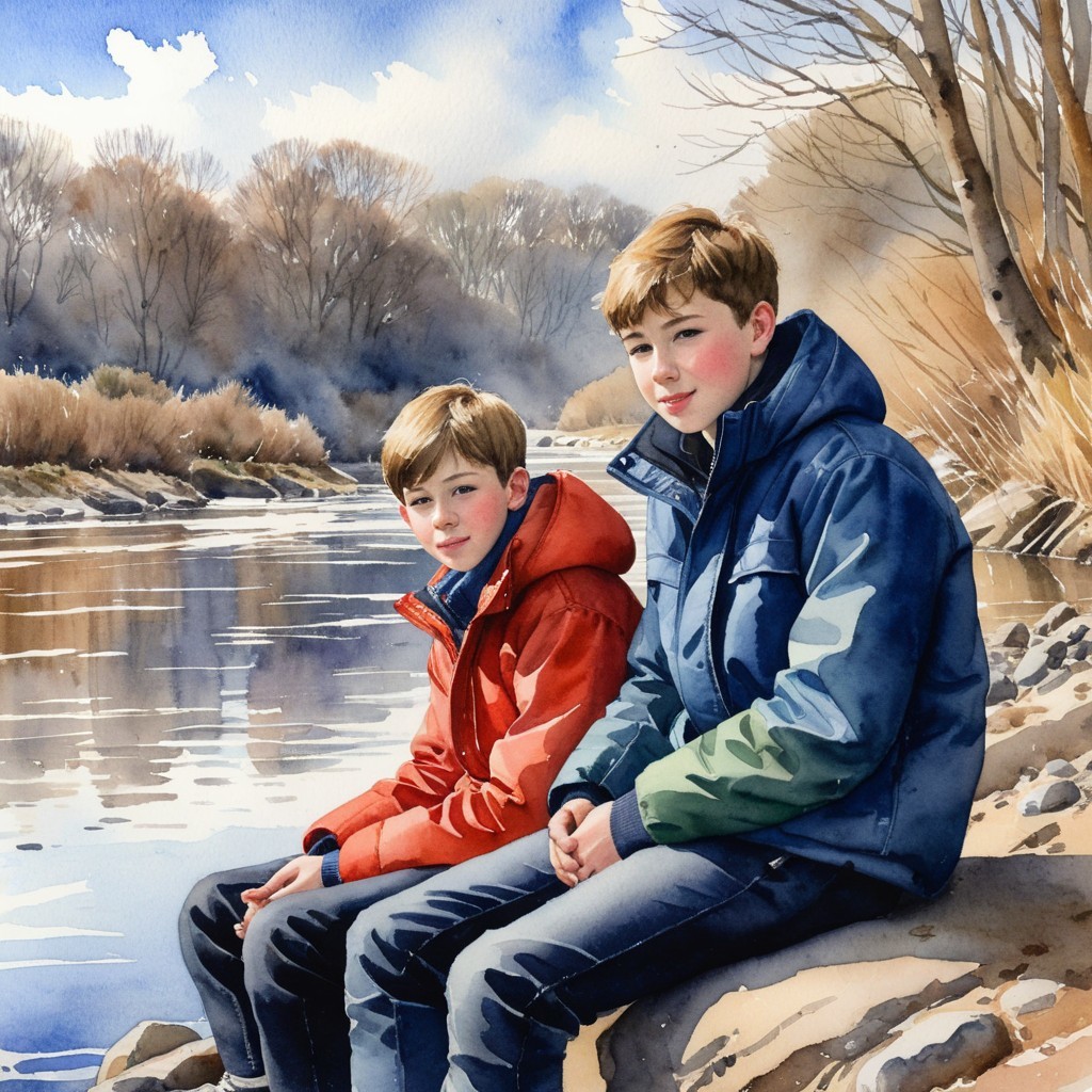 Boys by Riverbank in Colorful Jackets with Nature Scene