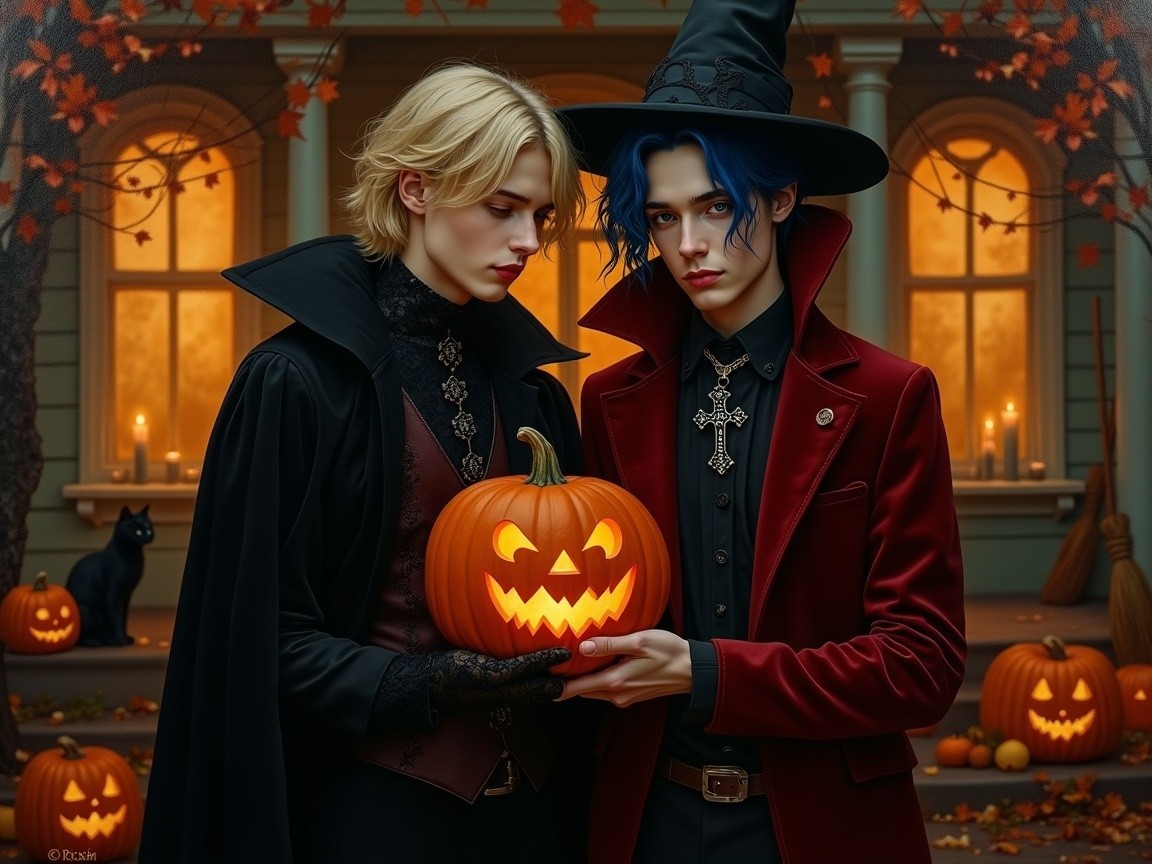 Young Men in Halloween Setting with Jack-o'-Lanterns