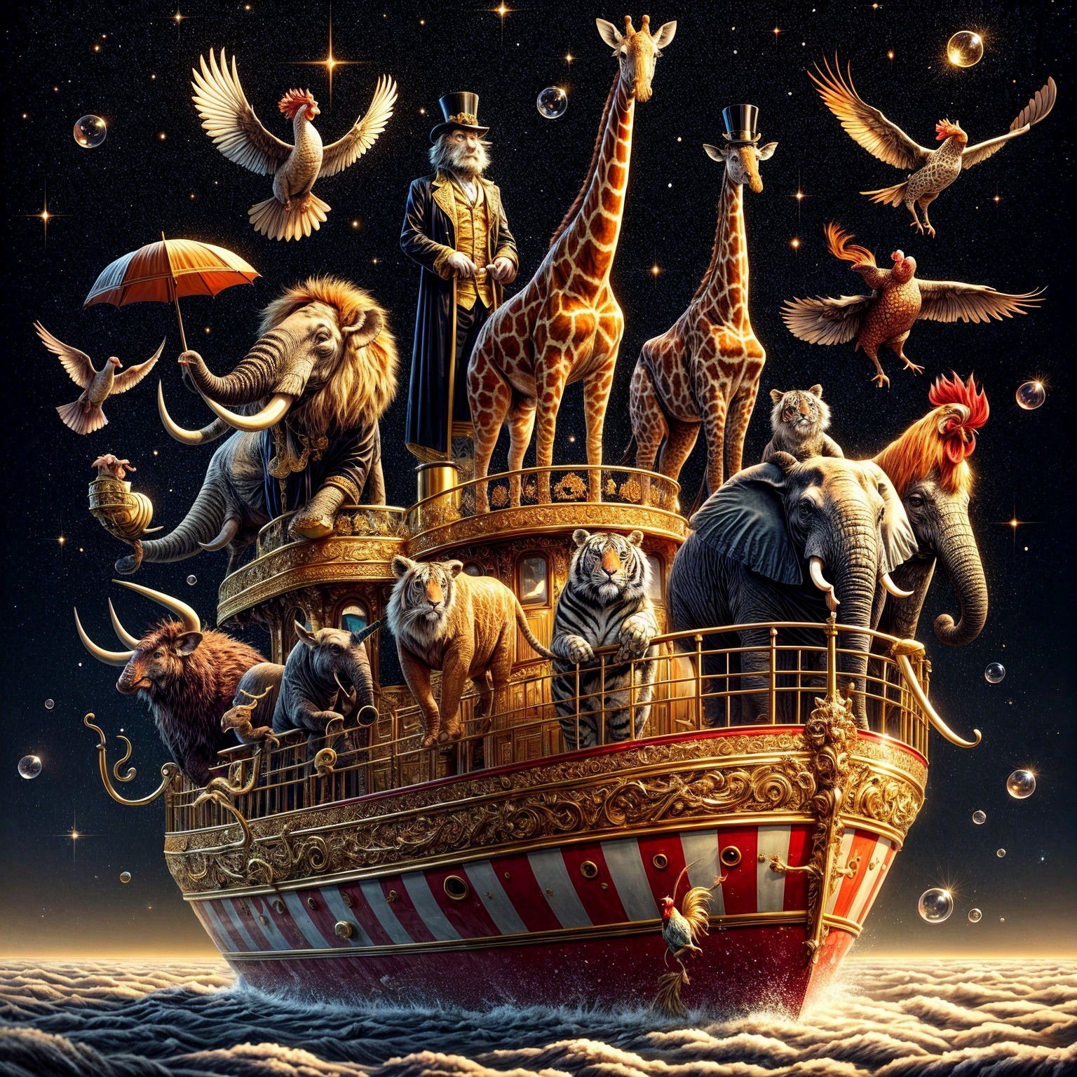 Fantastical Ship in Cosmic Sea with Tuxedo Animals