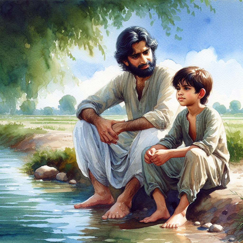 Father and son by a tranquil riverbank scene