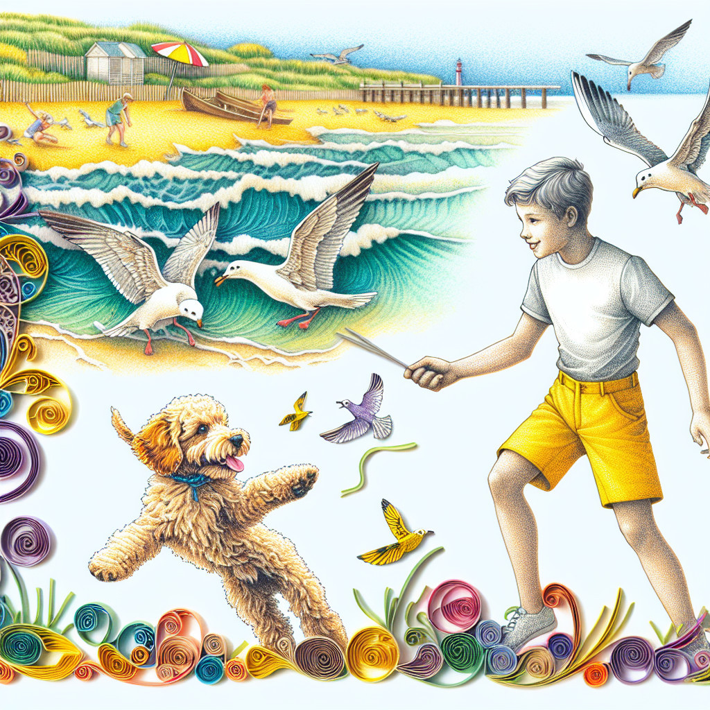 Vibrant Beach Scene with Boy and Golden Doodle