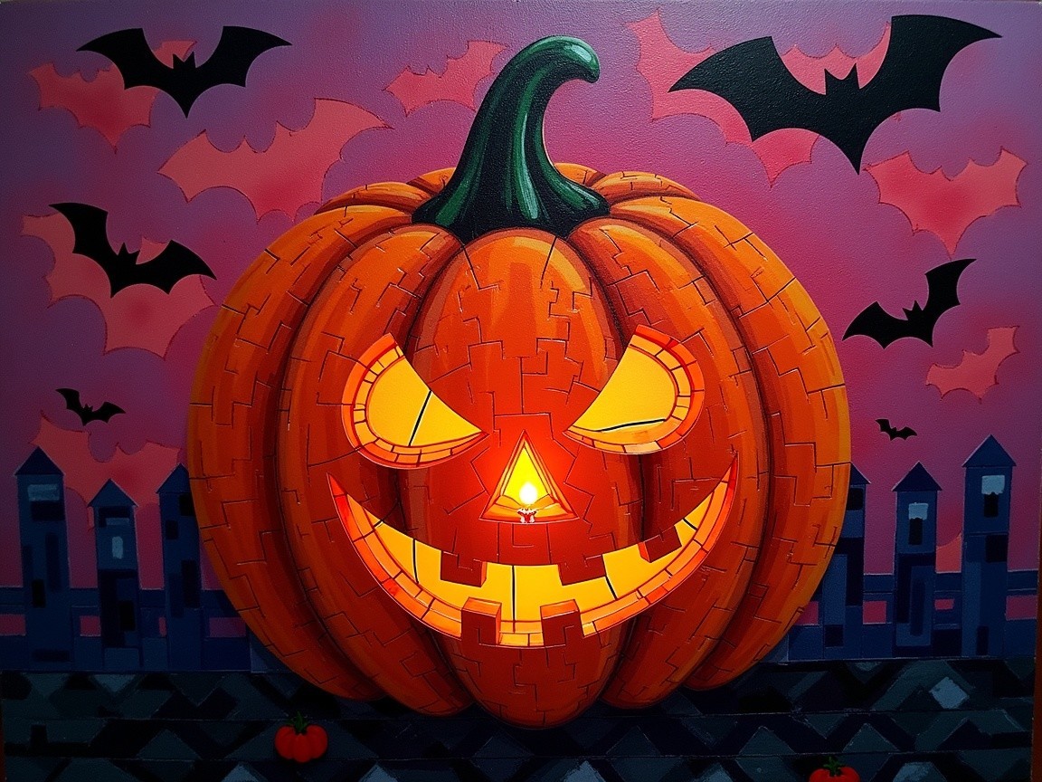 Vibrant Halloween Scene with Carved Pumpkin and Bats