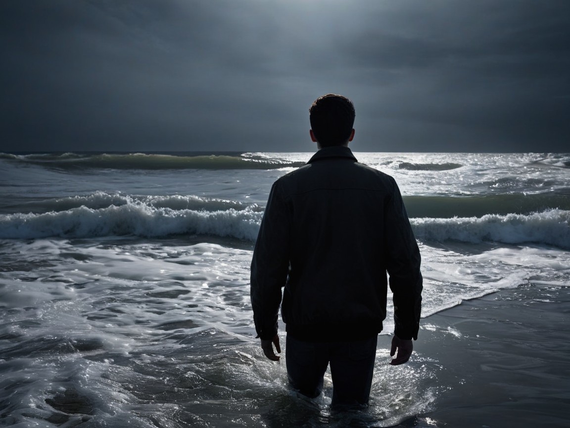 Lone Figure in Shallow Water Under Overcast Sky