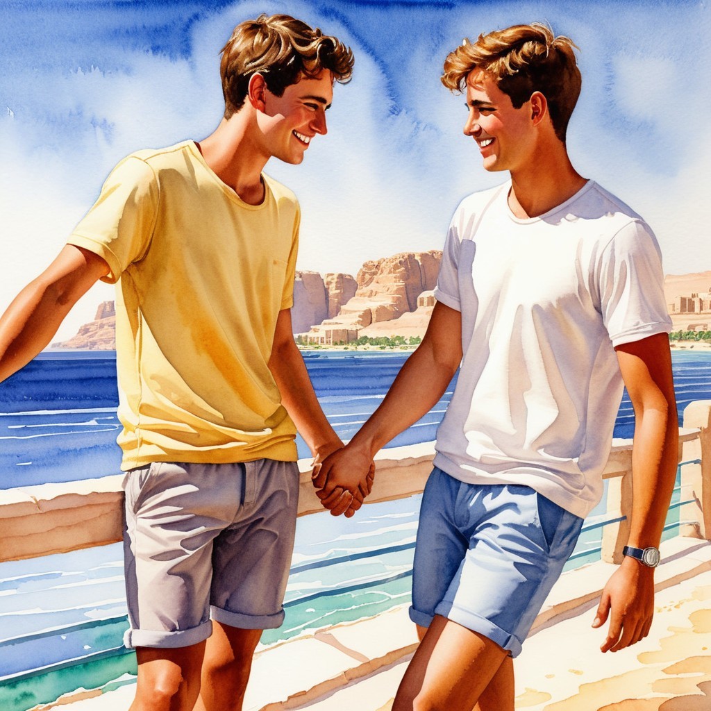 Young men by the seaside in casual summer attire