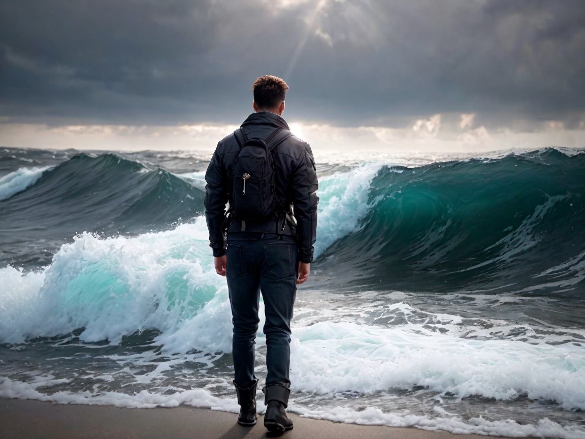 Man on Shore Facing Turbulent Waves and Dramatic Sky