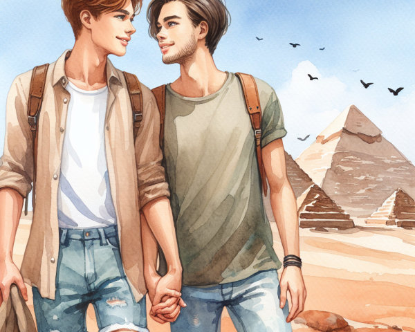 Young men walking in desert with pyramids backdrop